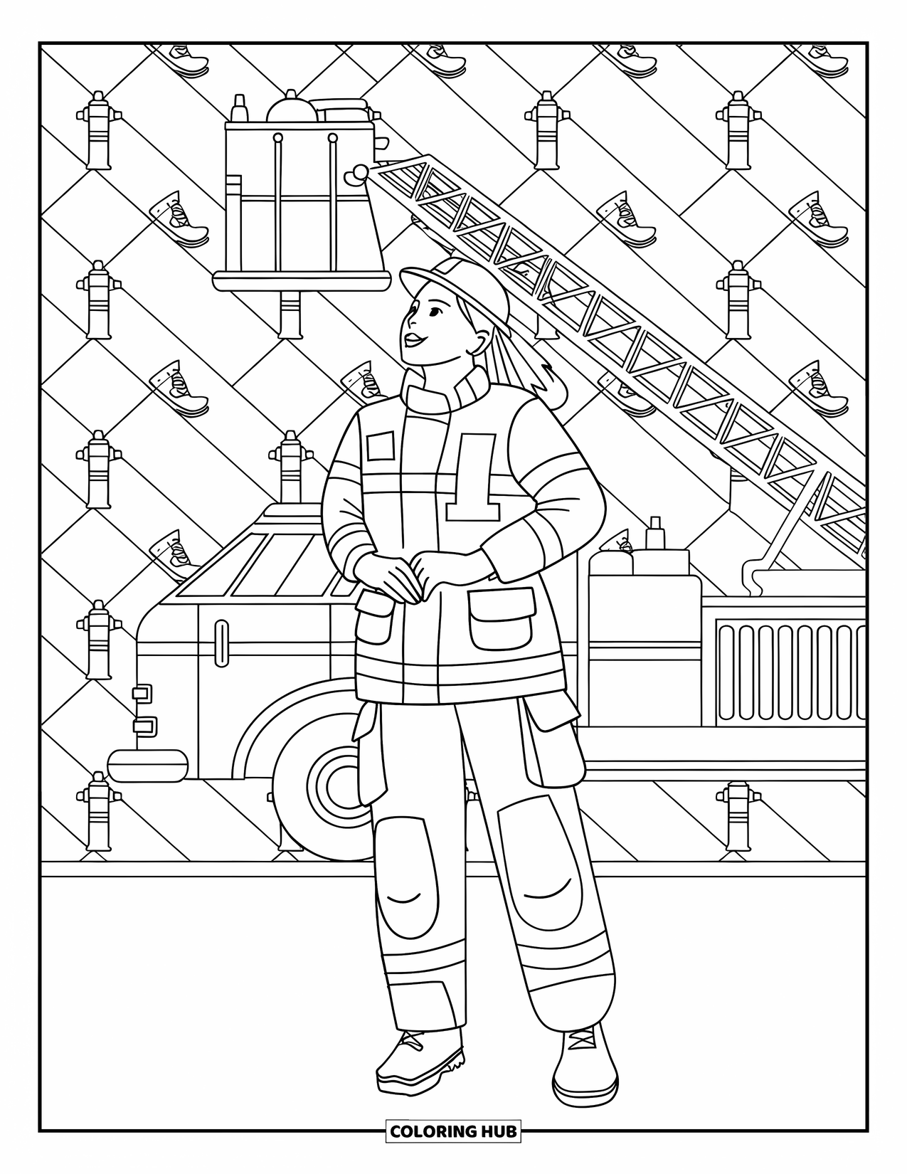 Dibujo de bombero para colorear para adultos: Un bombero se alza alto en un telón de fondo con tema de boca de incendios y botas