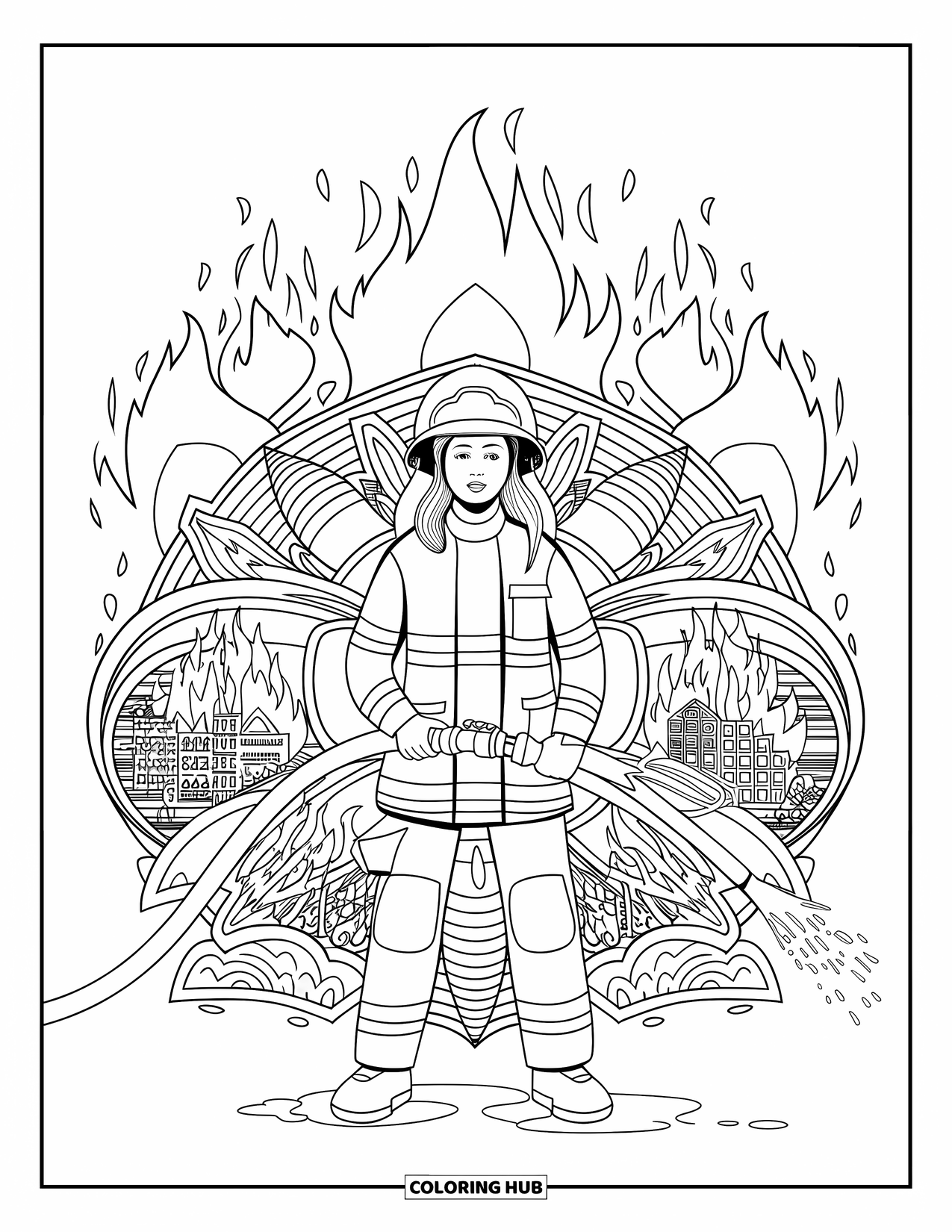 Dibujo de bombero para colorear para adultos: Un bombero se alza alto con una manguera en medio de patrones de fuego y agua