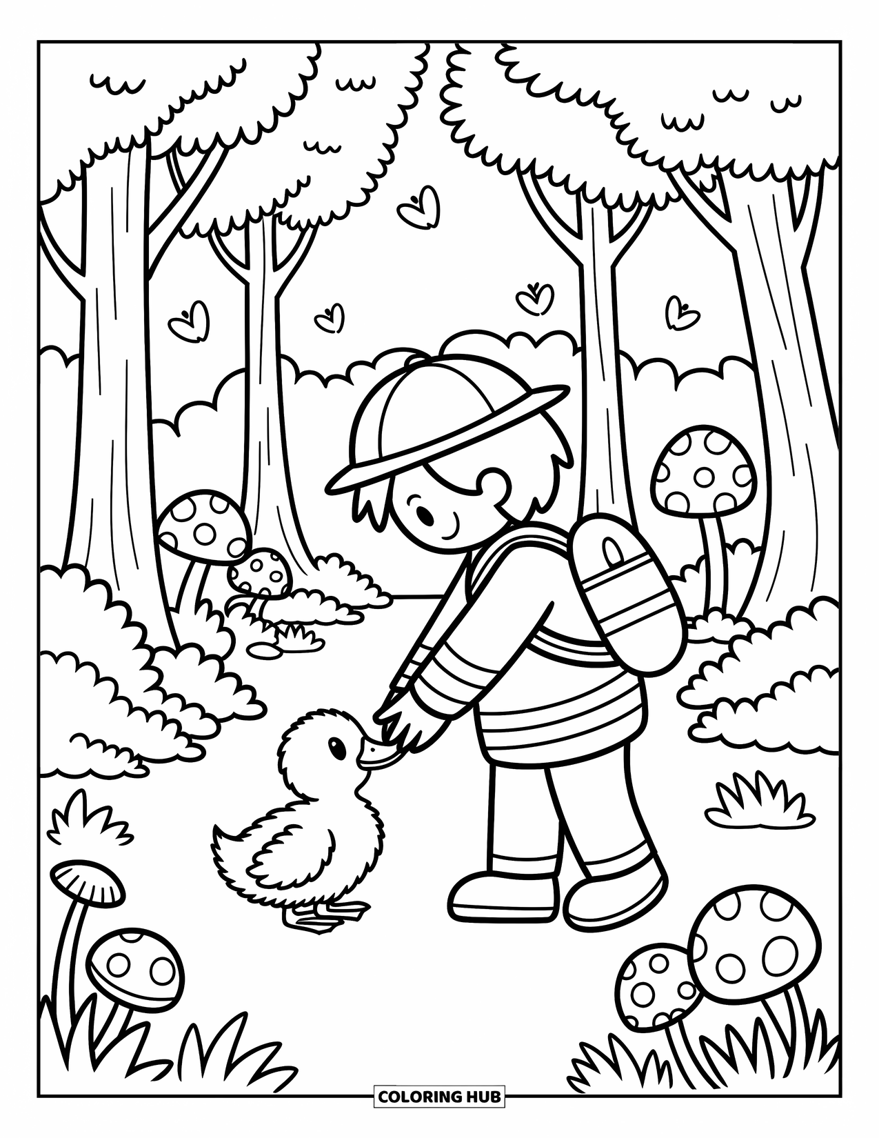 Dibujo de bombero para colorear para adultos: Un bombero gentil guía a un patito más allá de árboles, mariposas y hongos