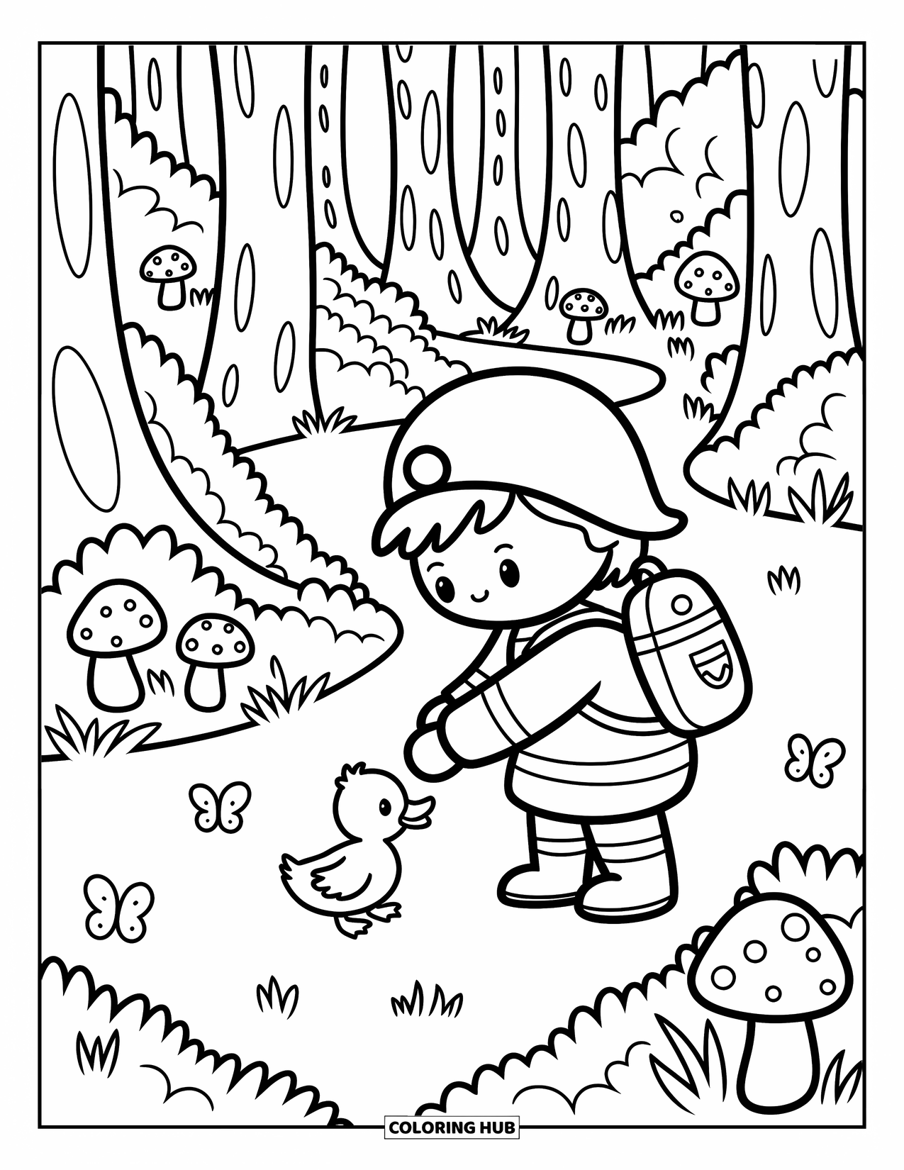 Dibujo de bombero para colorear para adultos: Un bombero amable guía a un patito por un camino acogedor lleno de hongos
