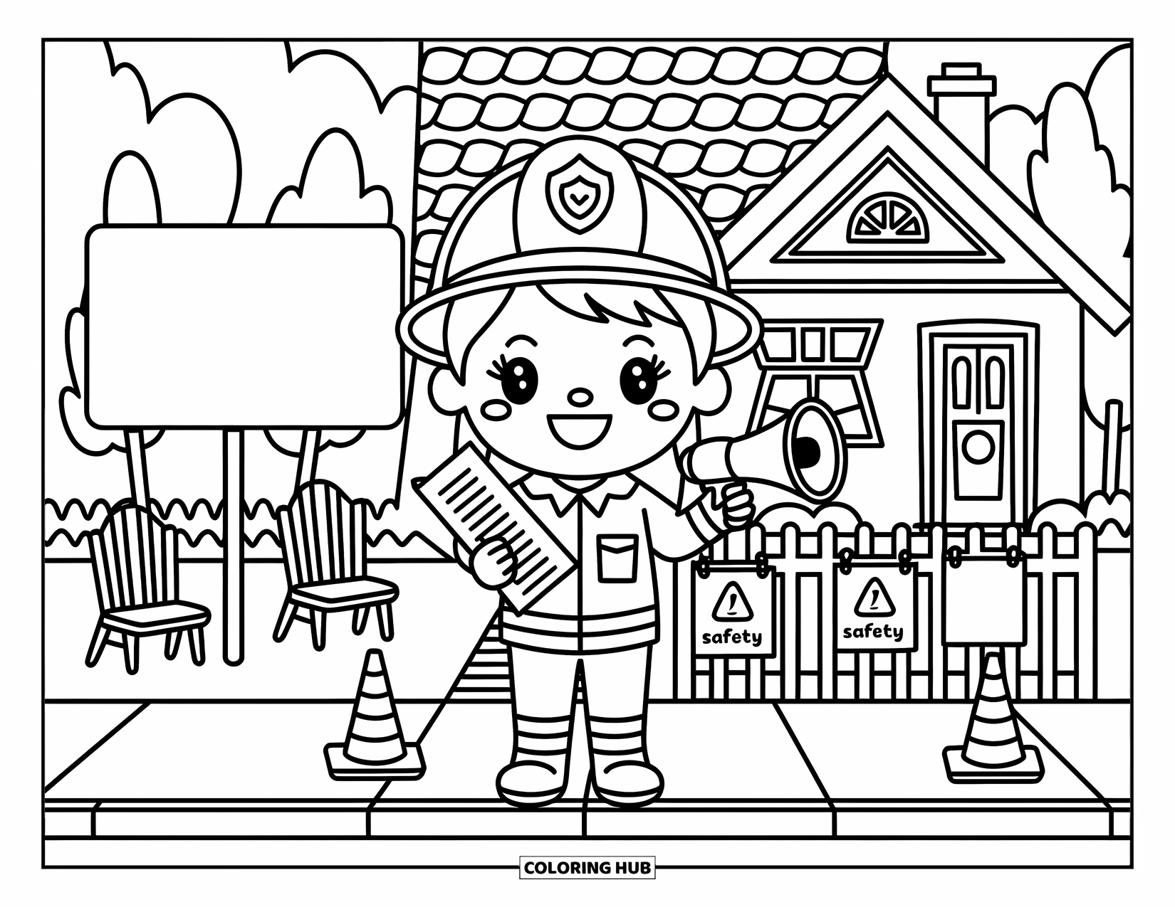 Dibujo de bombero para colorear para adultos: Un bombero sonriente sostiene un megáfono y una lista de verificación junto a un patio bordeado de conos