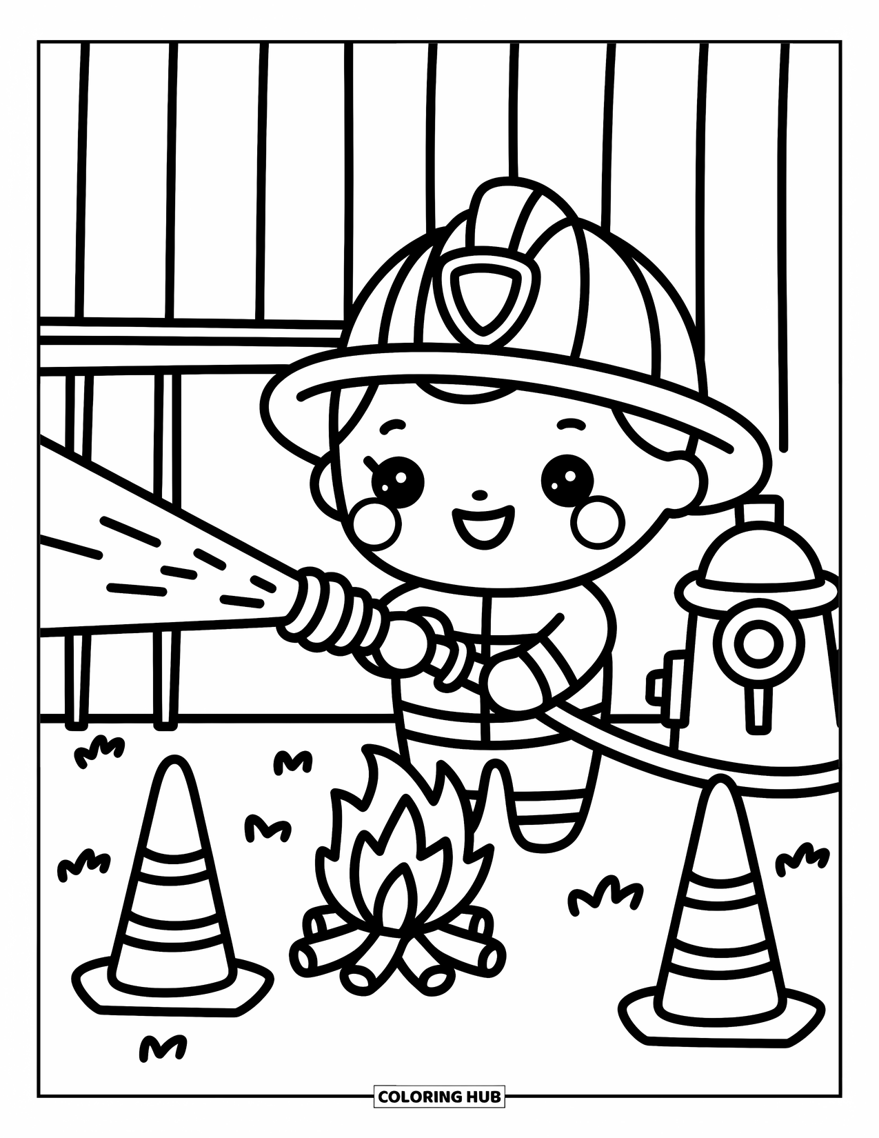 Dibujo de bombero para colorear para adultos: Un bombero sonriente entrena con una manguera cerca de conos y una fogata juguetona