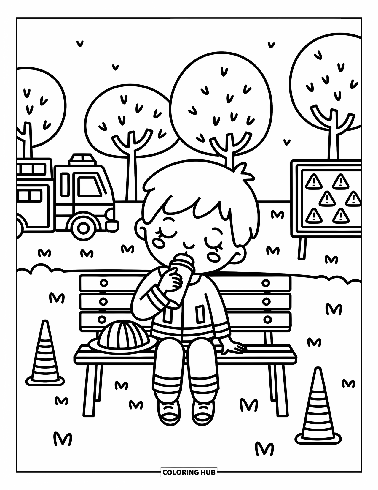 Dibujo de bombero para colorear para adultos: Un joven bombero bebe agua en un banco después de un largo día