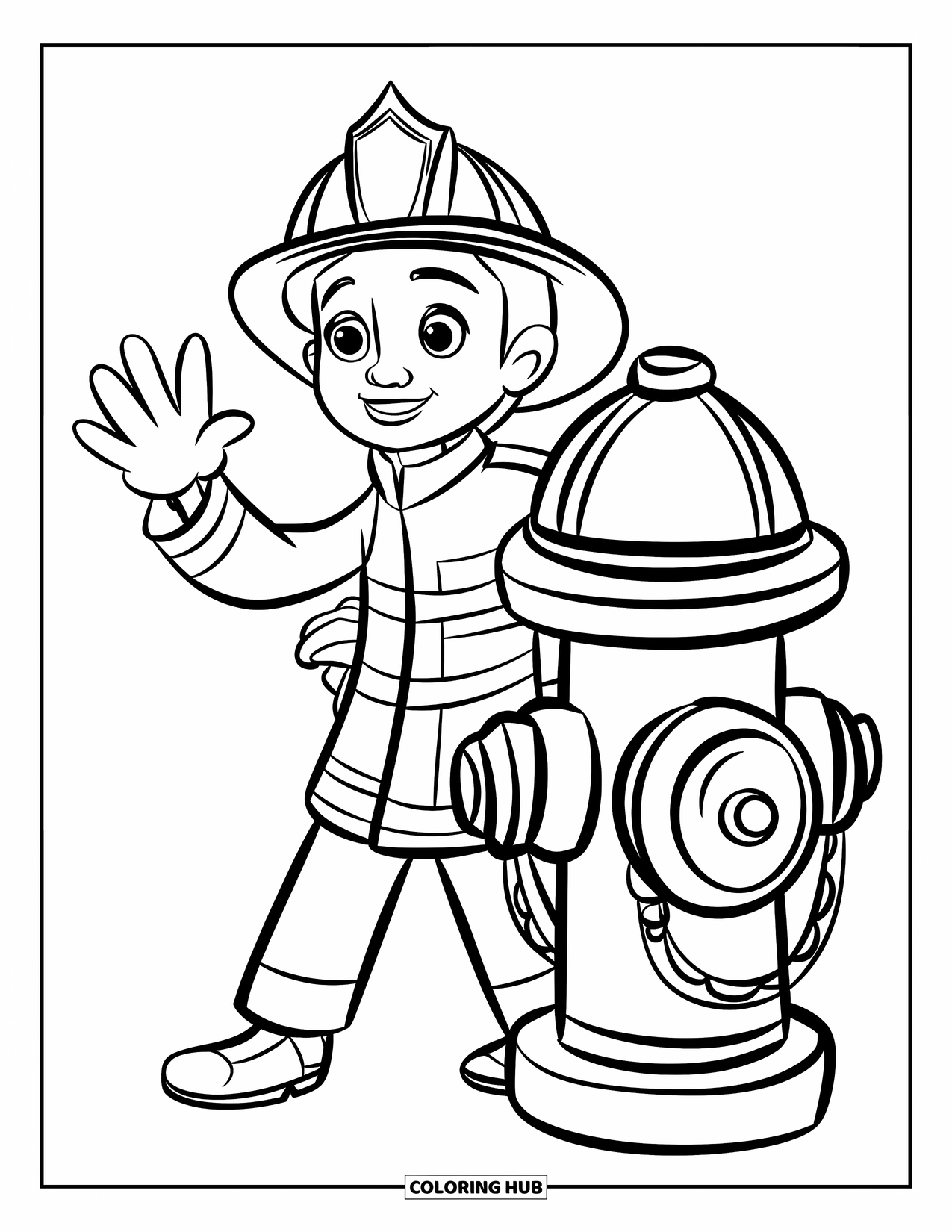 Dibujo de bombero para colorear para niños: Un bombero alegre saluda junto a una boca de incendios con un casco brillante