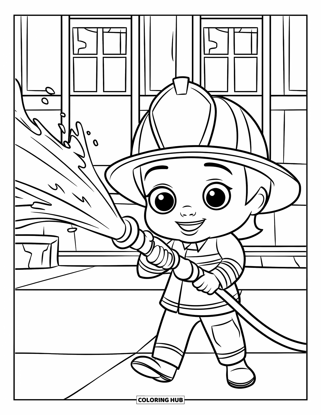 Dibujo de bombero para colorear para niños: Un bombero lindo rocía agua de una manguera frente a un edificio
