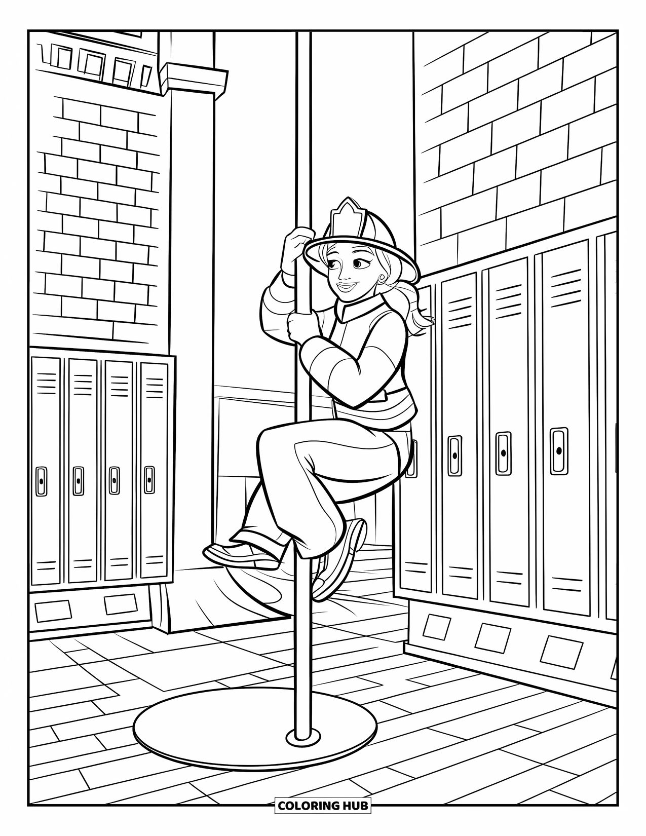 Dibujo de bombero para colorear para niños: Una bombera se desliza por un poste de bomberos rodeada de casilleros y equipo