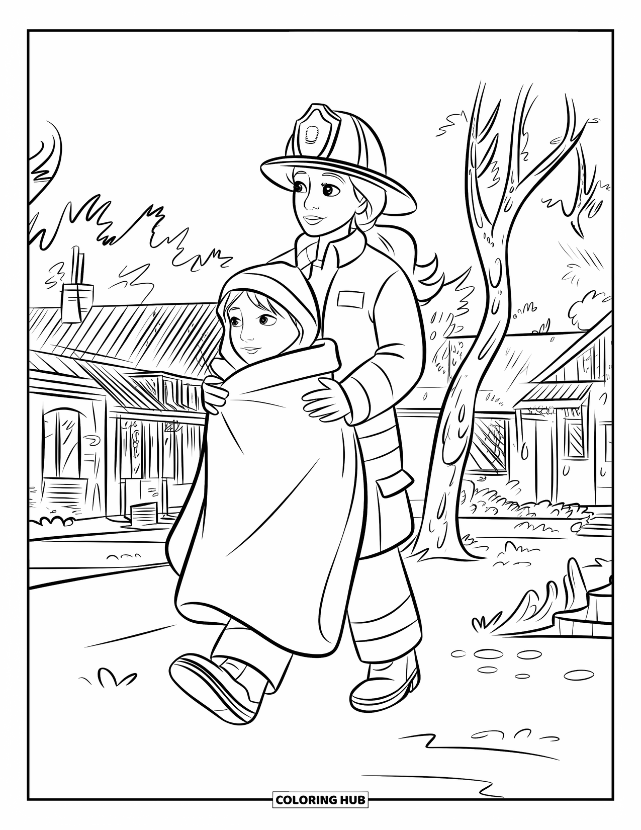 Dibujo de bombero para colorear para niños: Un bombero lleva a un niño a través de una calle llena de humo bordeada de edificios quemados