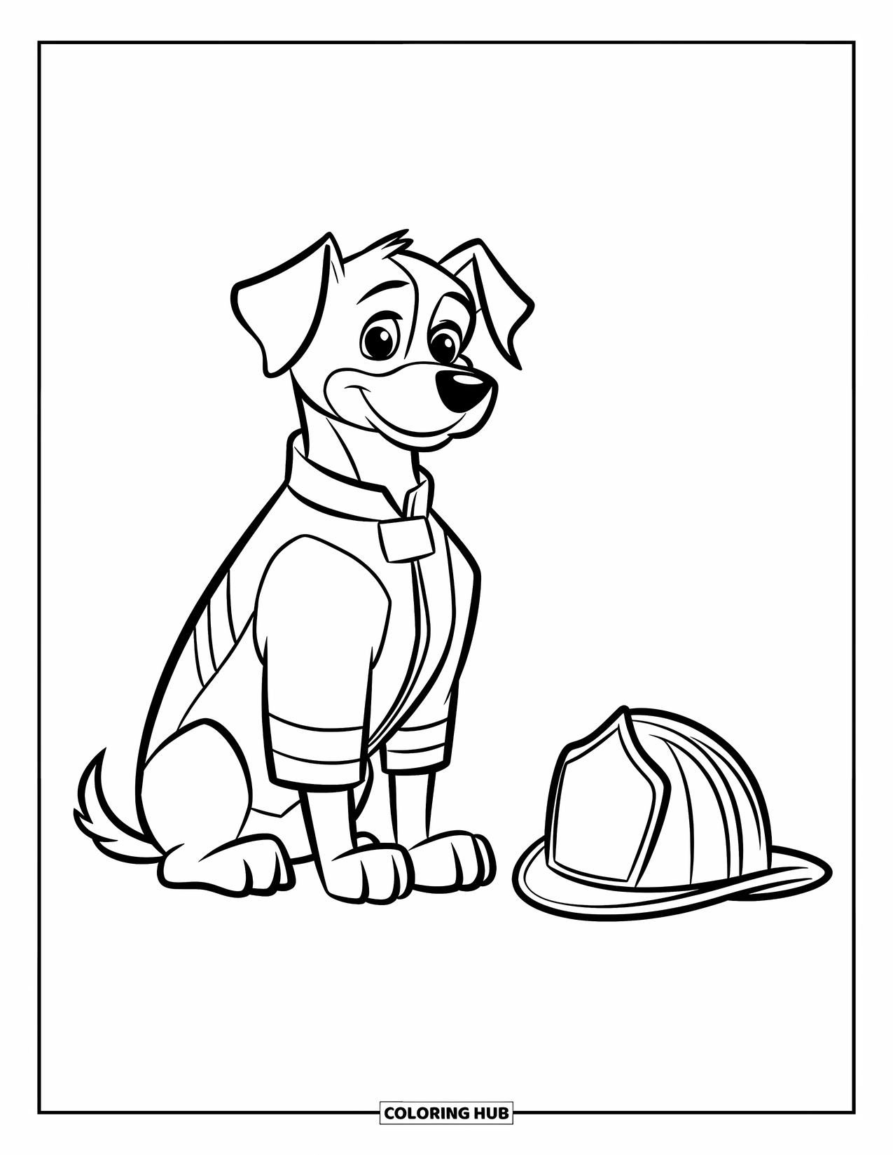 Dibujo de bombero para colorear para niños: Un perro bombero se sienta en el suelo con su casco a su lado