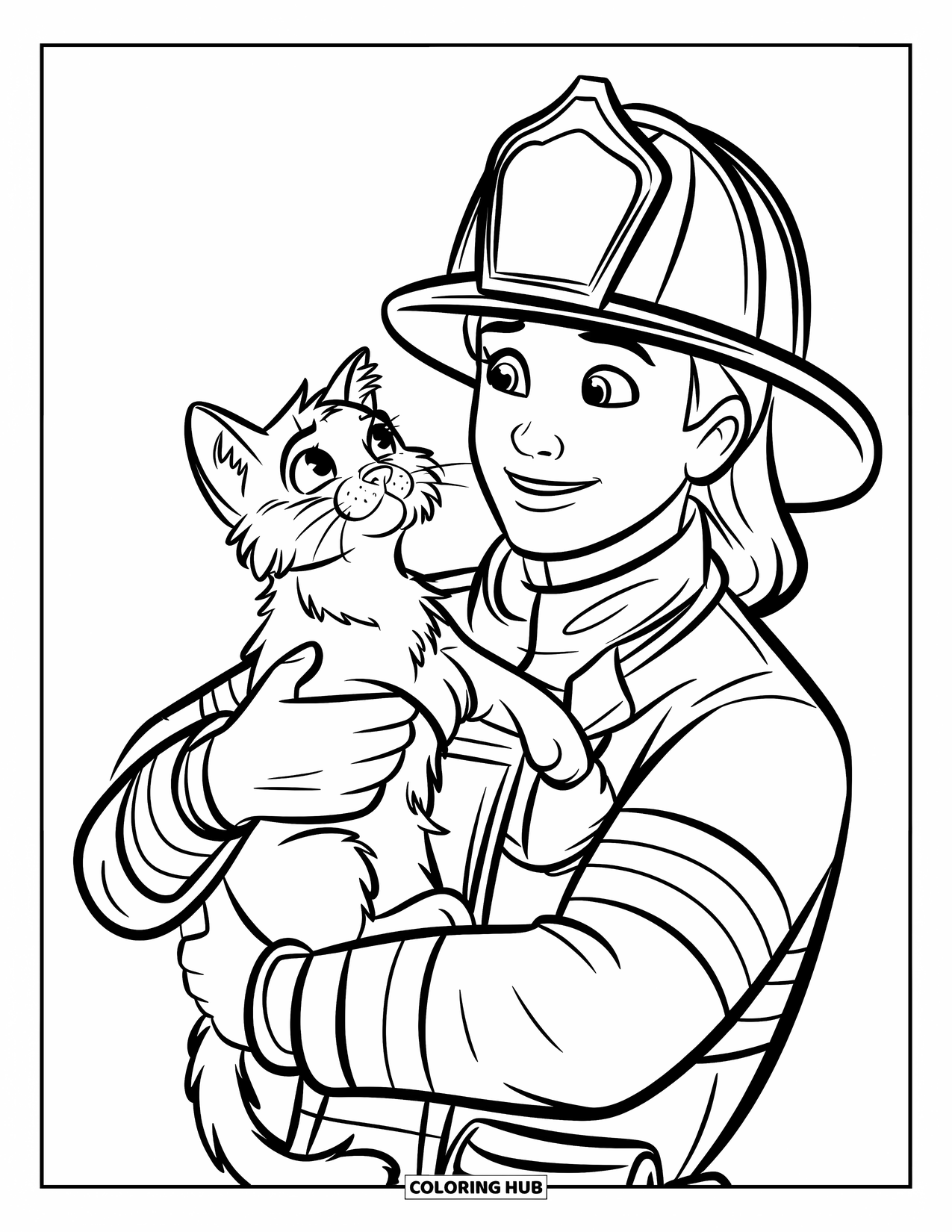 Dibujo de bombero para colorear para niños: Un bombero acuna suavemente a un gato rescatado en sus brazos