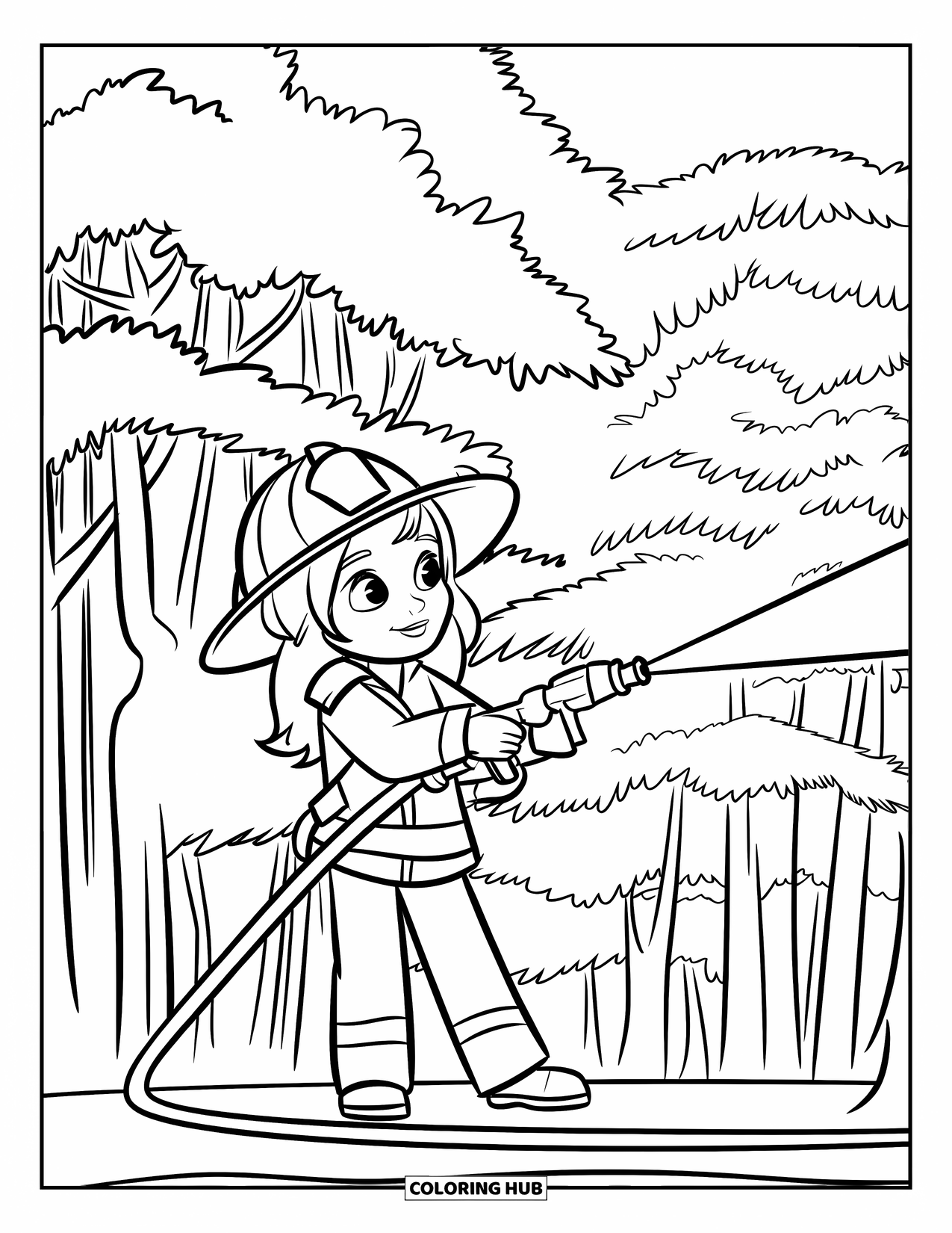 Dibujo de bombero para colorear para niños: Una niña bombero lucha contra un incendio forestal con una manguera desde una plataforma elevada