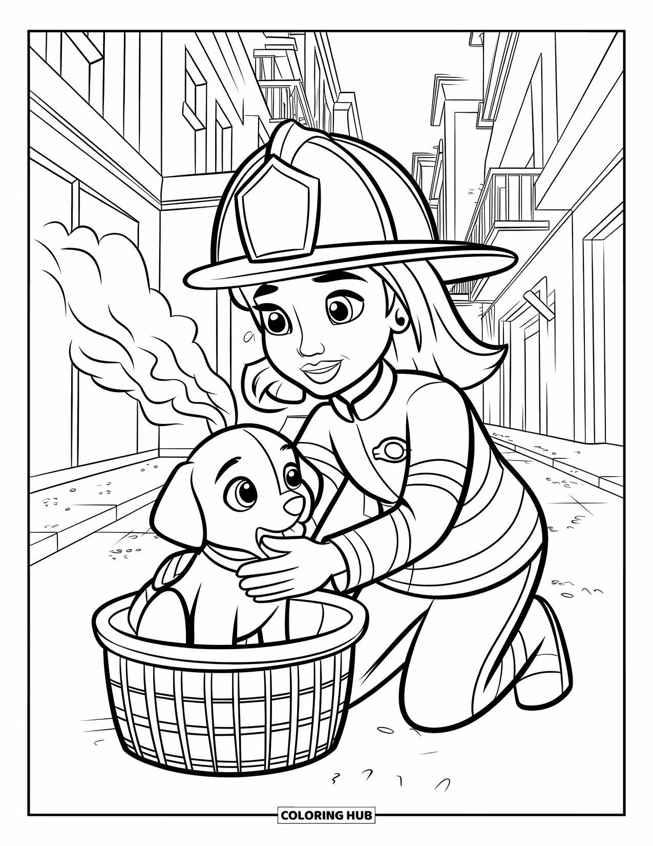Dibujo de bombero para colorear para niños: Una niña bombero lleva un cachorro a un lugar seguro en un callejón lleno de humo