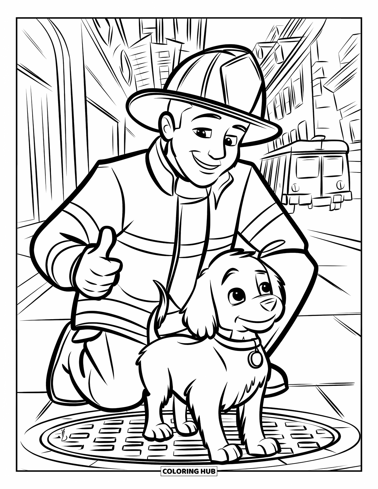 Dibujo de bombero para colorear para niños: Un bombero levanta el pulgar después de salvar a un cachorro de una rejilla de alcantarilla