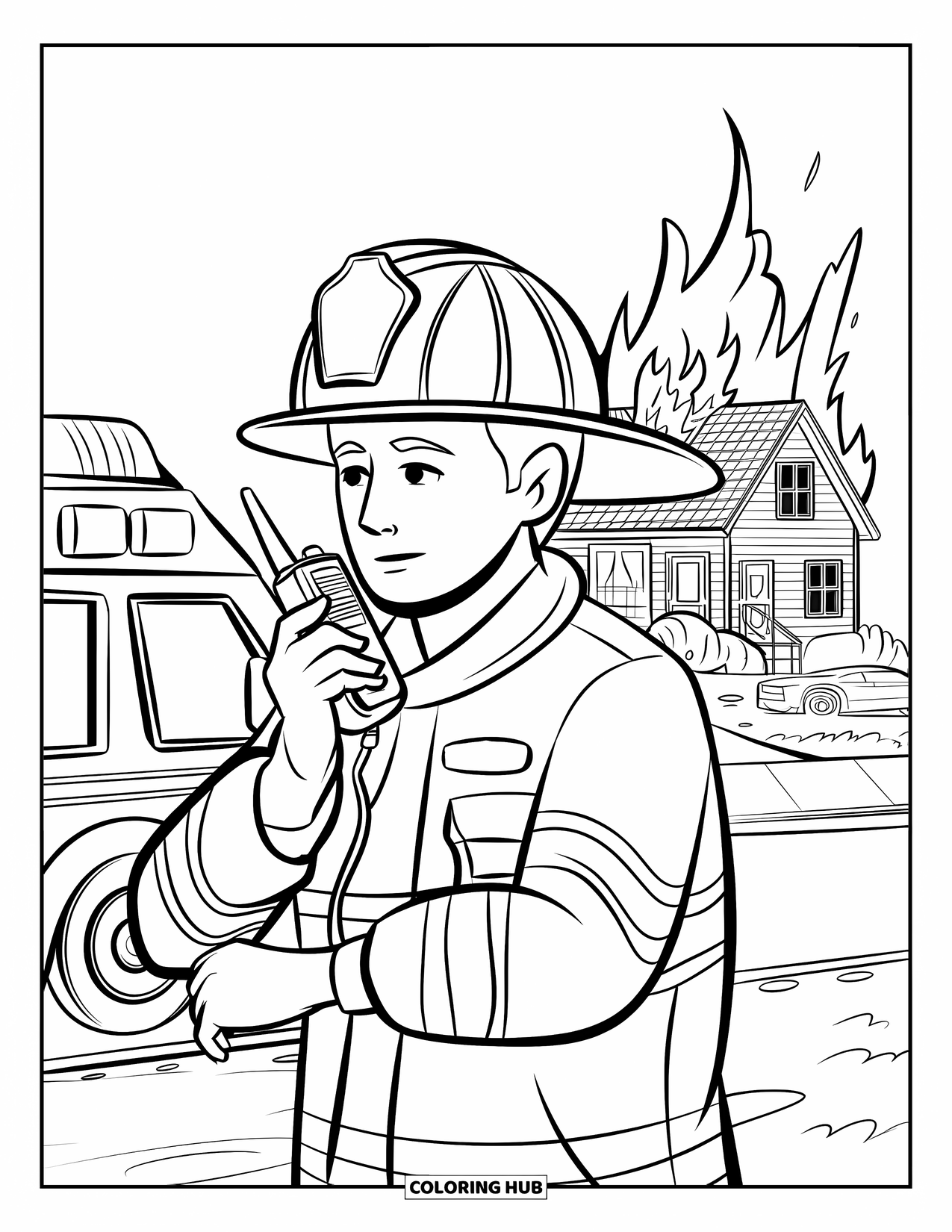 Dibujo de bombero para colorear para niños: Un bombero da indicaciones mientras el humo se eleva desde una casa en llamas cercana