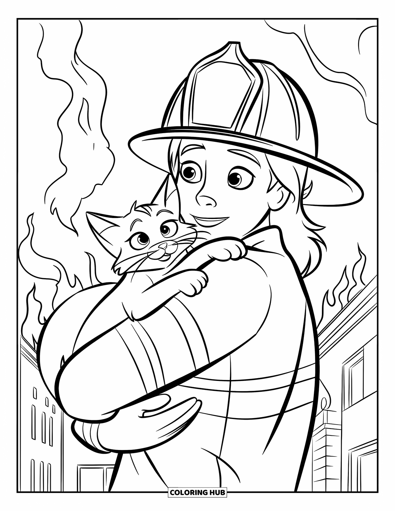 Dibujo de bombero para colorear para niños: Un bombero abraza a un gato rescatado con humo elevándose detrás de ellos