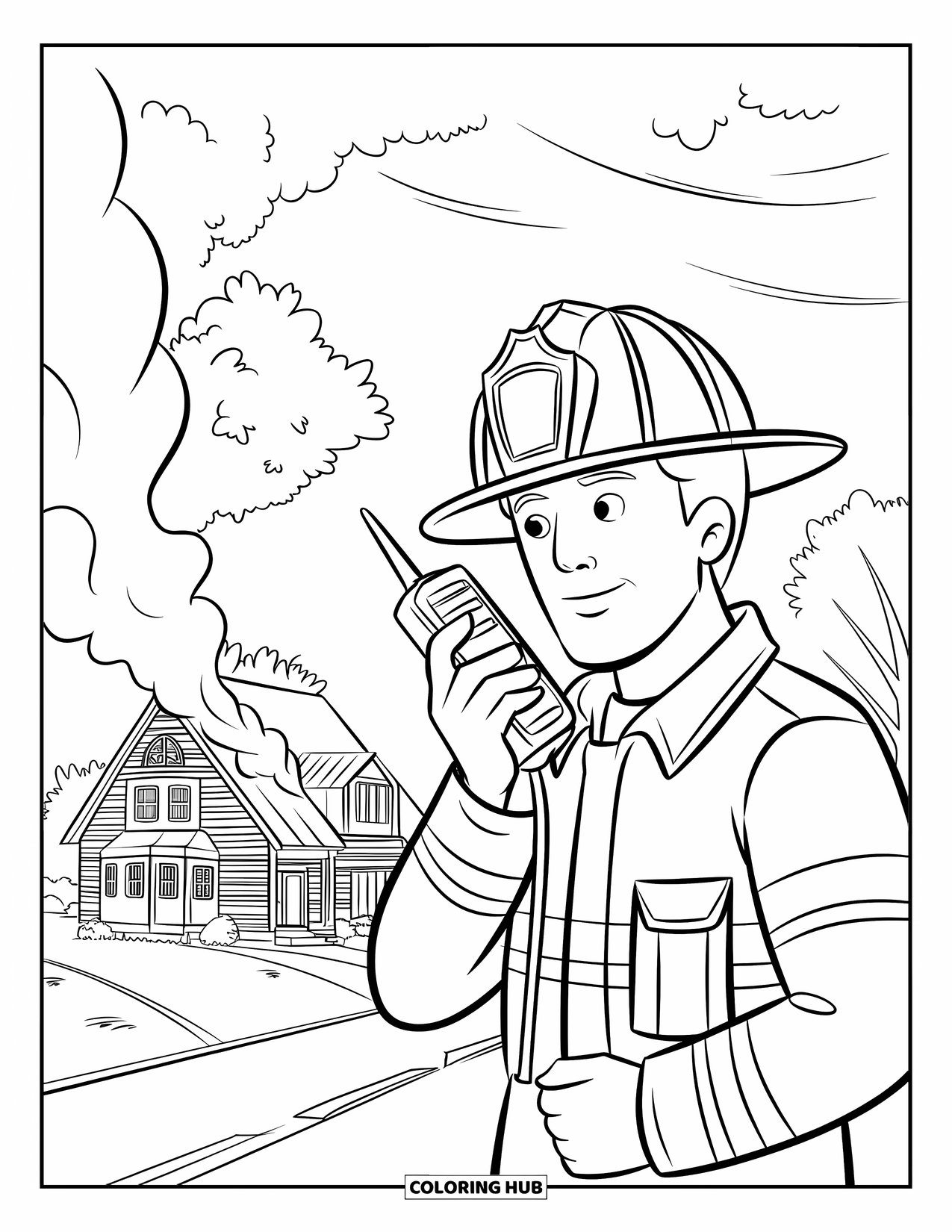 Dibujo de bombero para colorear para niños: Un bombero usa un walkie-talkie mientras dirige el tráfico cerca de un pequeño incendio en una casa