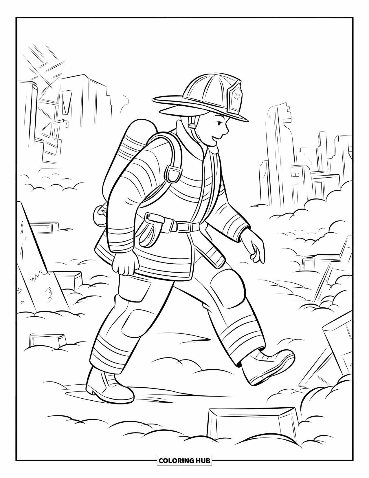 Dibujo de bombero para colorear para niños: Un bombero camina a través de escombros llenos de humo con todo su equipo