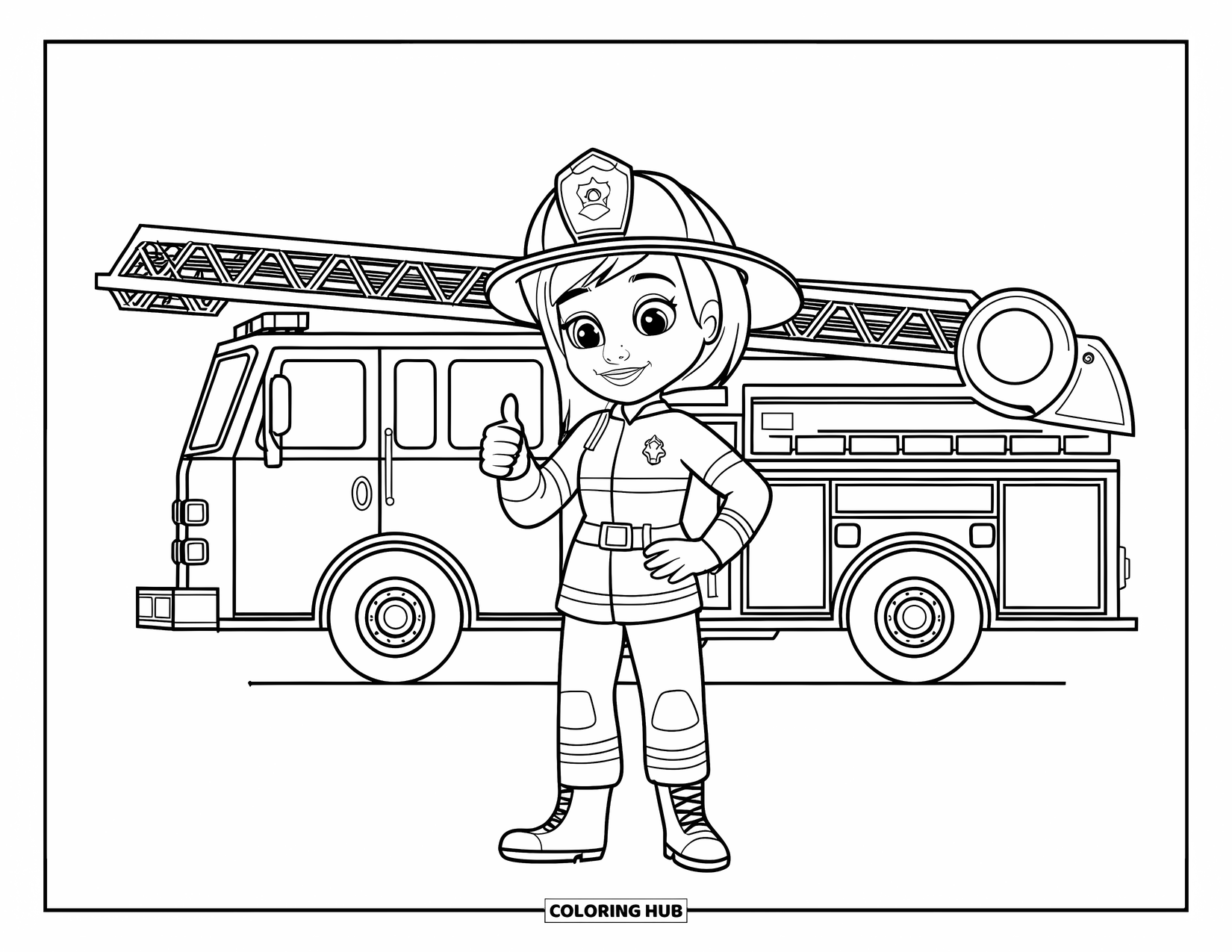 Dibujo de bombero para colorear para niños: Una niña bombero sonríe y levanta el pulgar junto a un gran camión de bomberos