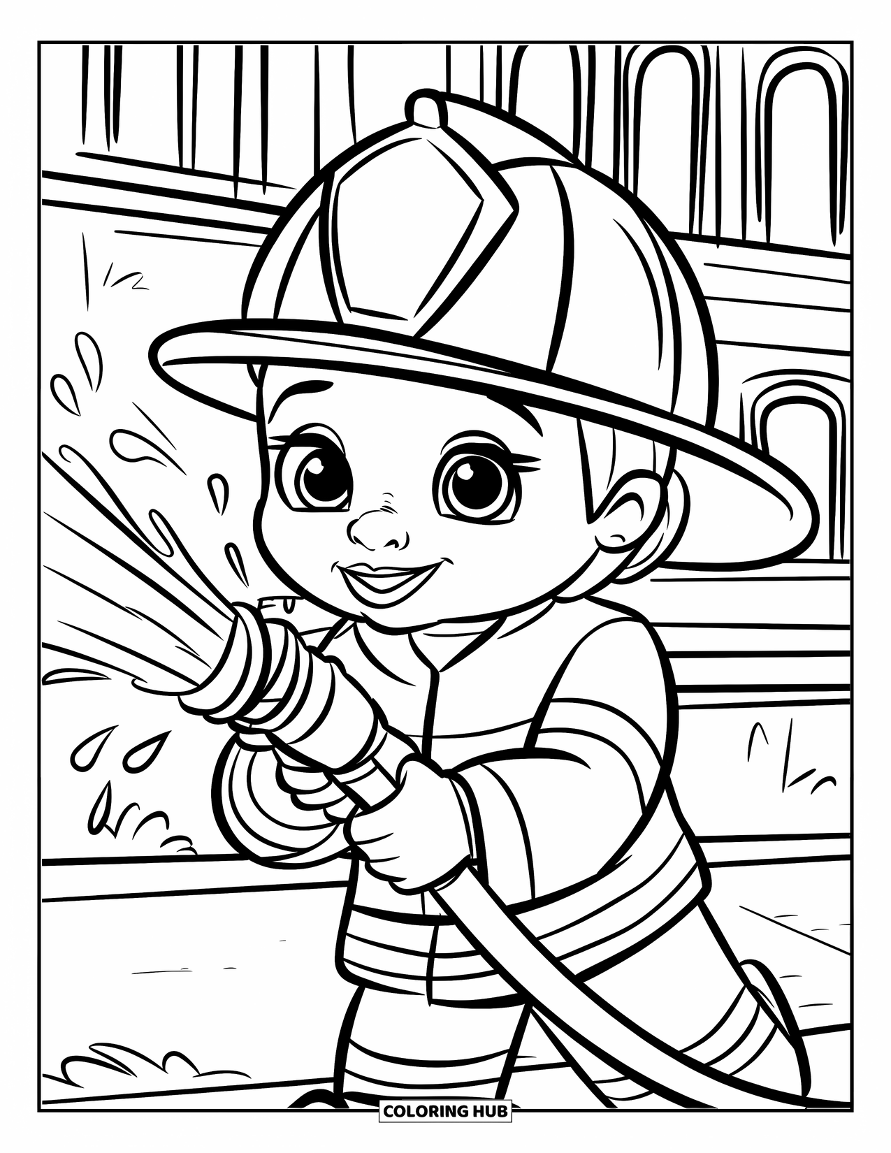 Dibujo de bombero para colorear para niños: Un bombero feliz sostiene una manguera con agua salpicando por todas partes