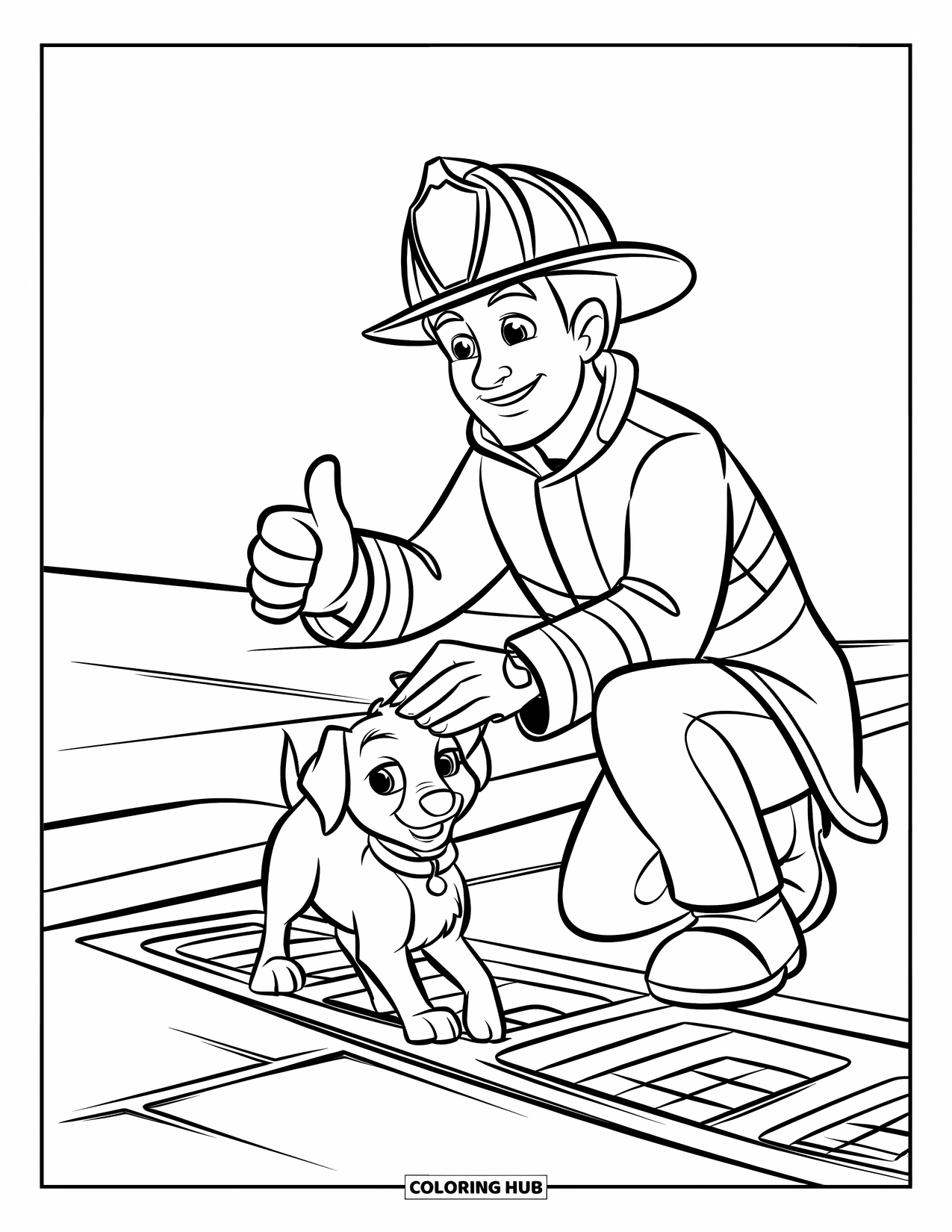 Dibujo de bombero para colorear para niños: Un bombero sonriente está de pie junto a un cachorro mojado en una calle de la ciudad