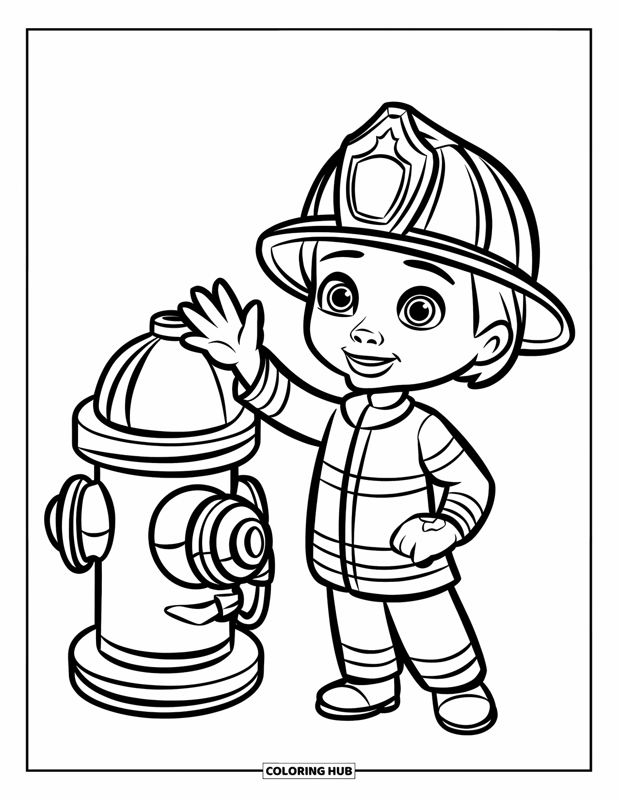 Dibujo de bombero para colorear para niños: Un bombero sonriente saluda junto a una boca de incendios en una calle vacía