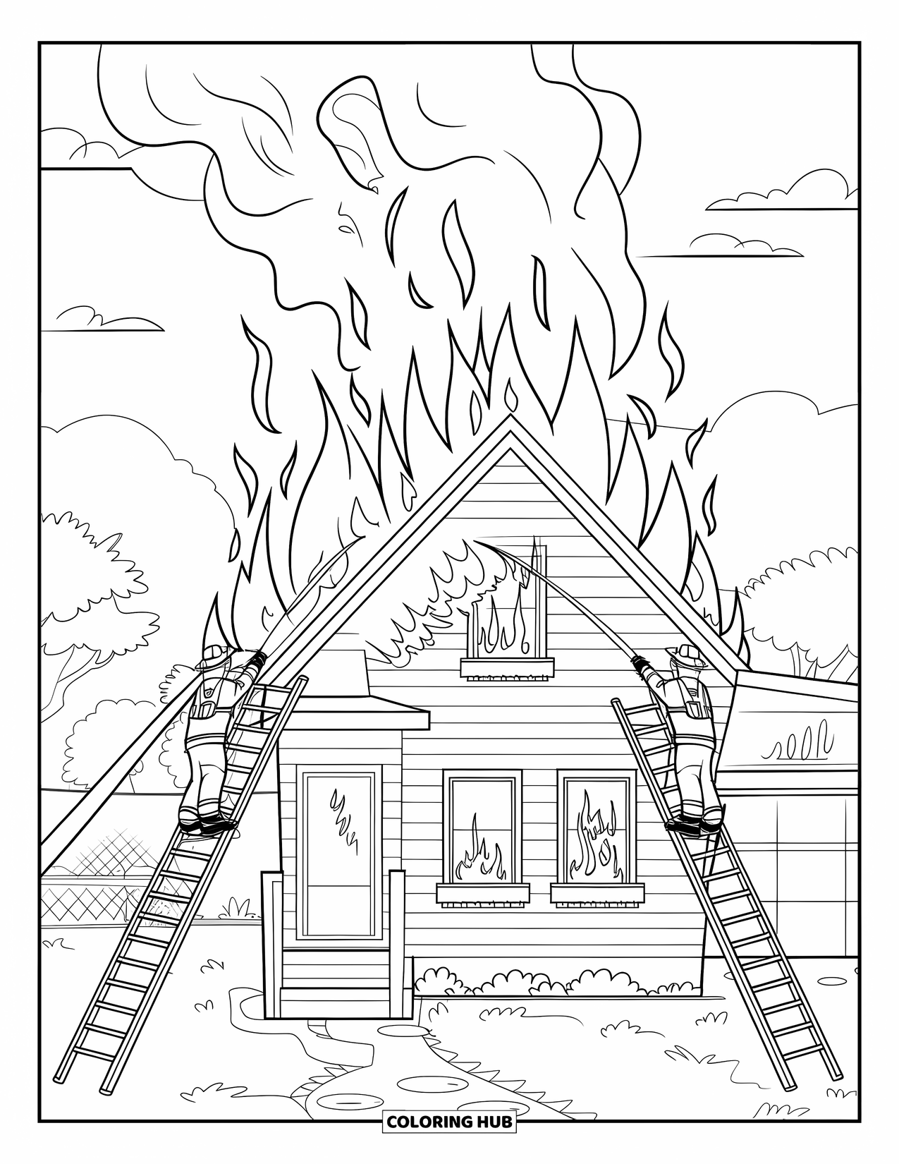 Dibujo de bombero para colorear para niños: Los bomberos en las escaleras apuntan agua a una casa que estalla con humo