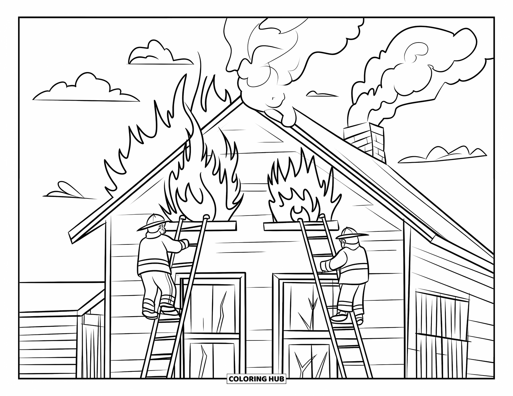 Dibujo de bombero para colorear para niños: Las llamas brotan de una casa mientras los bomberos en las escaleras se apresuran a detener el fuego