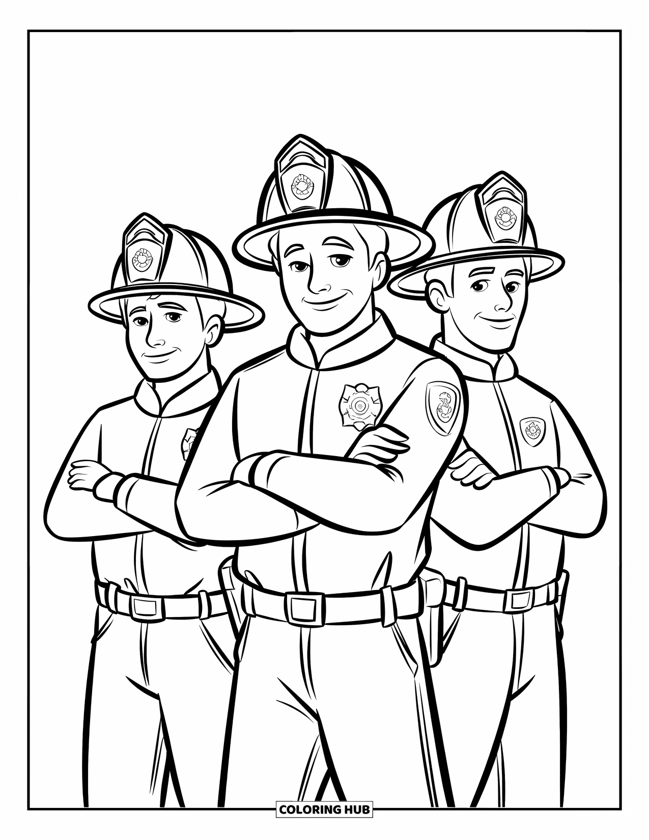 Dibujo de bombero para colorear para niños: Tres bomberos seguros de sí mismos posan juntos en uniforme