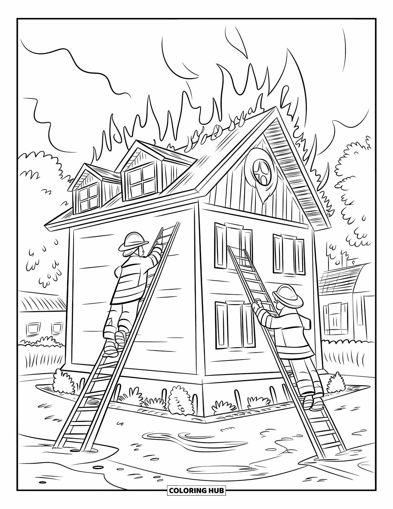 Dibujo de bombero para colorear para niños: Dos bomberos en escaleras intentan controlar un incendio en una casa con humo alrededor