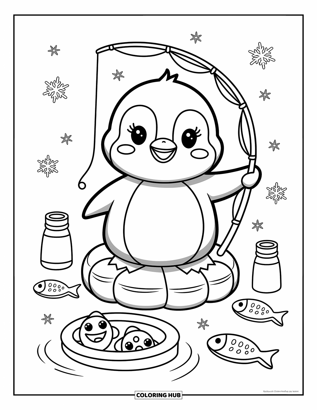Ausmalbild Angeln für Erwachsene: Ein Baby-Pinguin angelt durch das Eis mit Schneeflocken, einer Thermoskanne und neugierigen Fischen