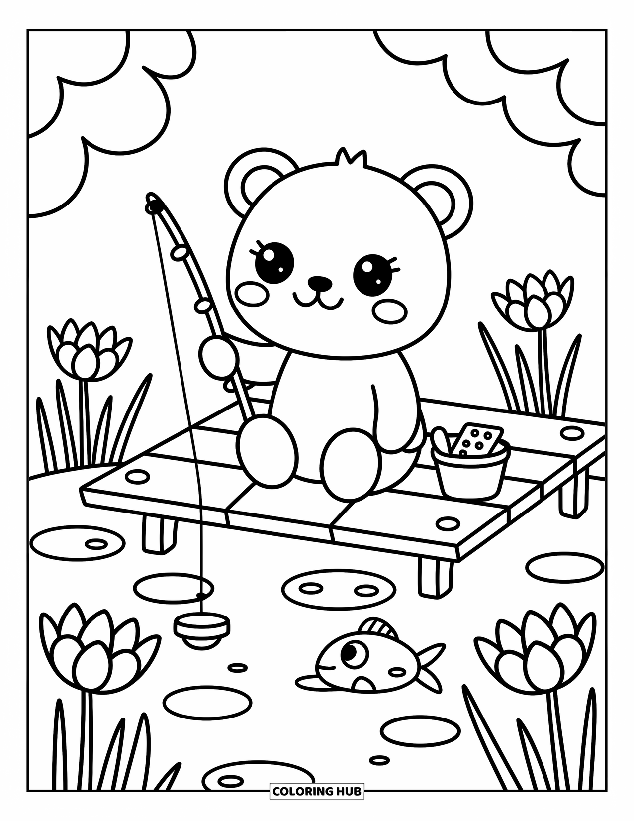 Ausmalbild Angeln für Erwachsene: Ein Bär angelt auf einem Dock mit Snacks, einem Eimer und einem verspielten Fisch in der Nähe