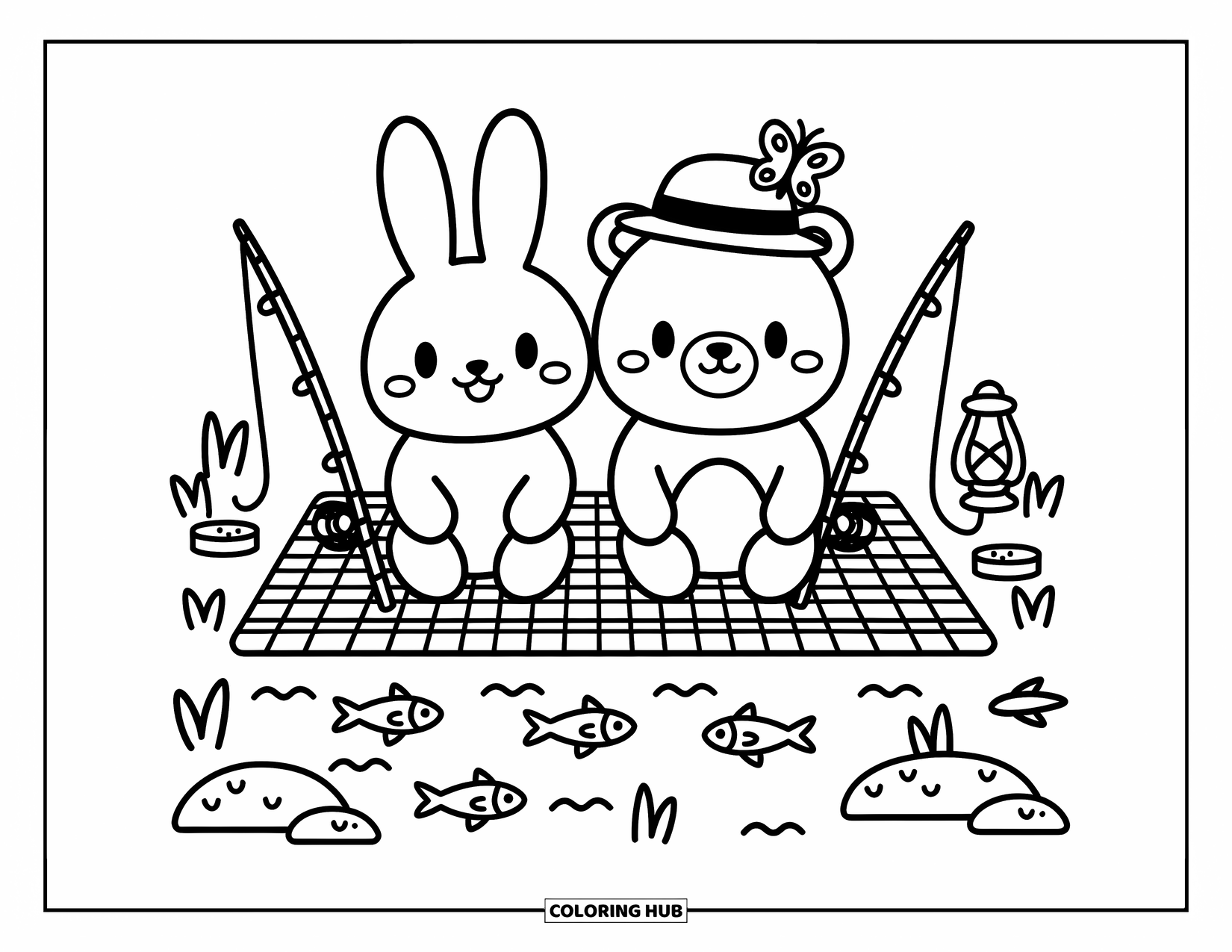 Ausmalbild Angeln für Erwachsene: Ein Hase und ein Bär angeln am See mit Snacks, einer Laterne und einem Schmetterling