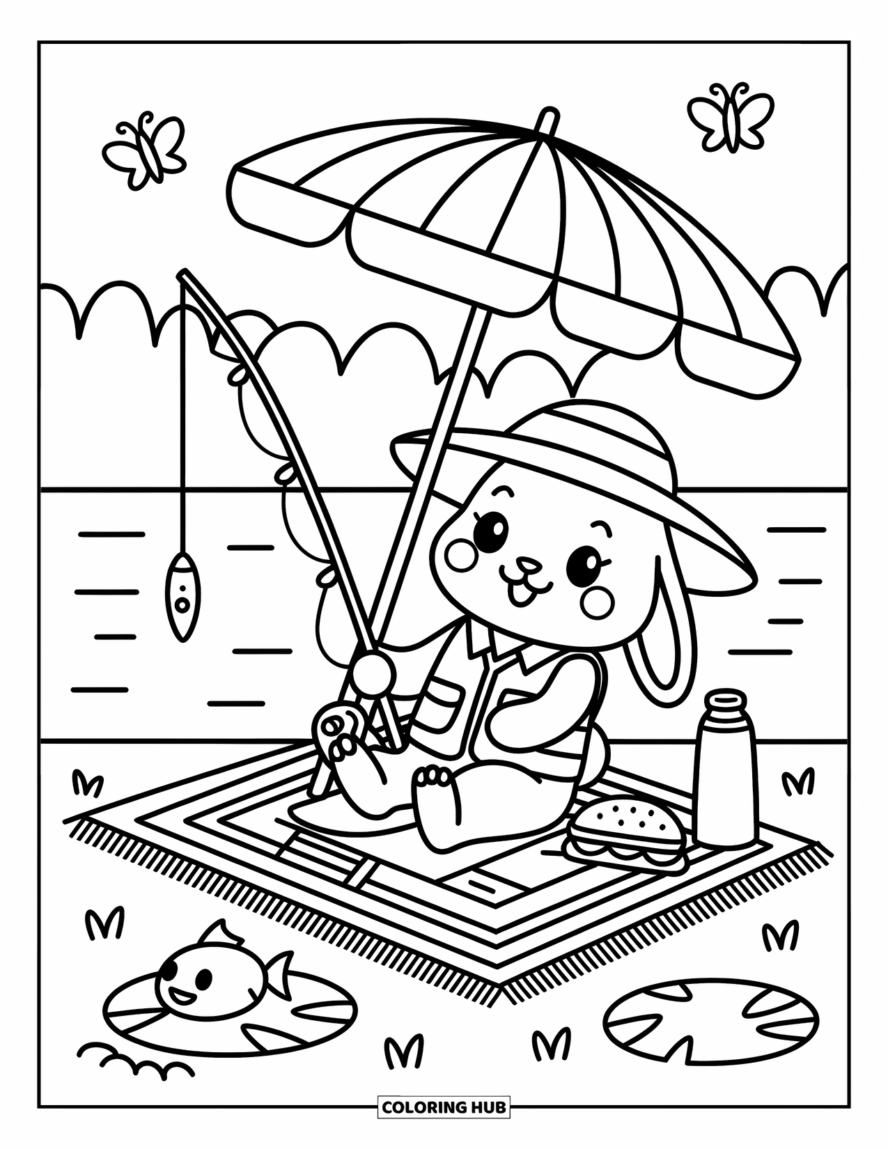 Ausmalbild Angeln für Erwachsene: Ein Hase angelt an einem See unter einem Regenschirm mit einer Thermoskanne, Snacks und Schmetterlingen