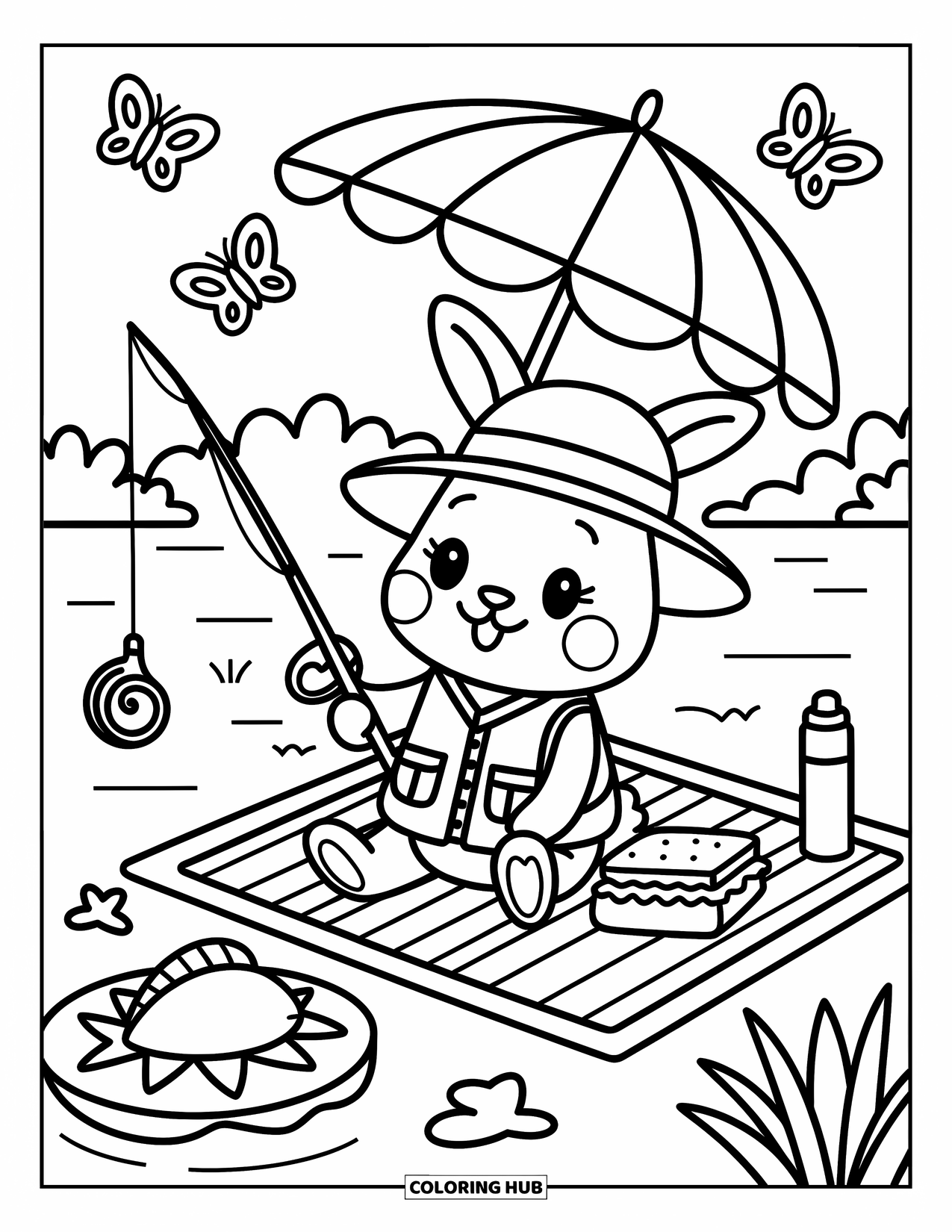 Ausmalbild Angeln für Erwachsene: Ein Hase in einer Weste angelt am See mit einem Sandwich, Schmetterlingen und einem lächelnden Fisch