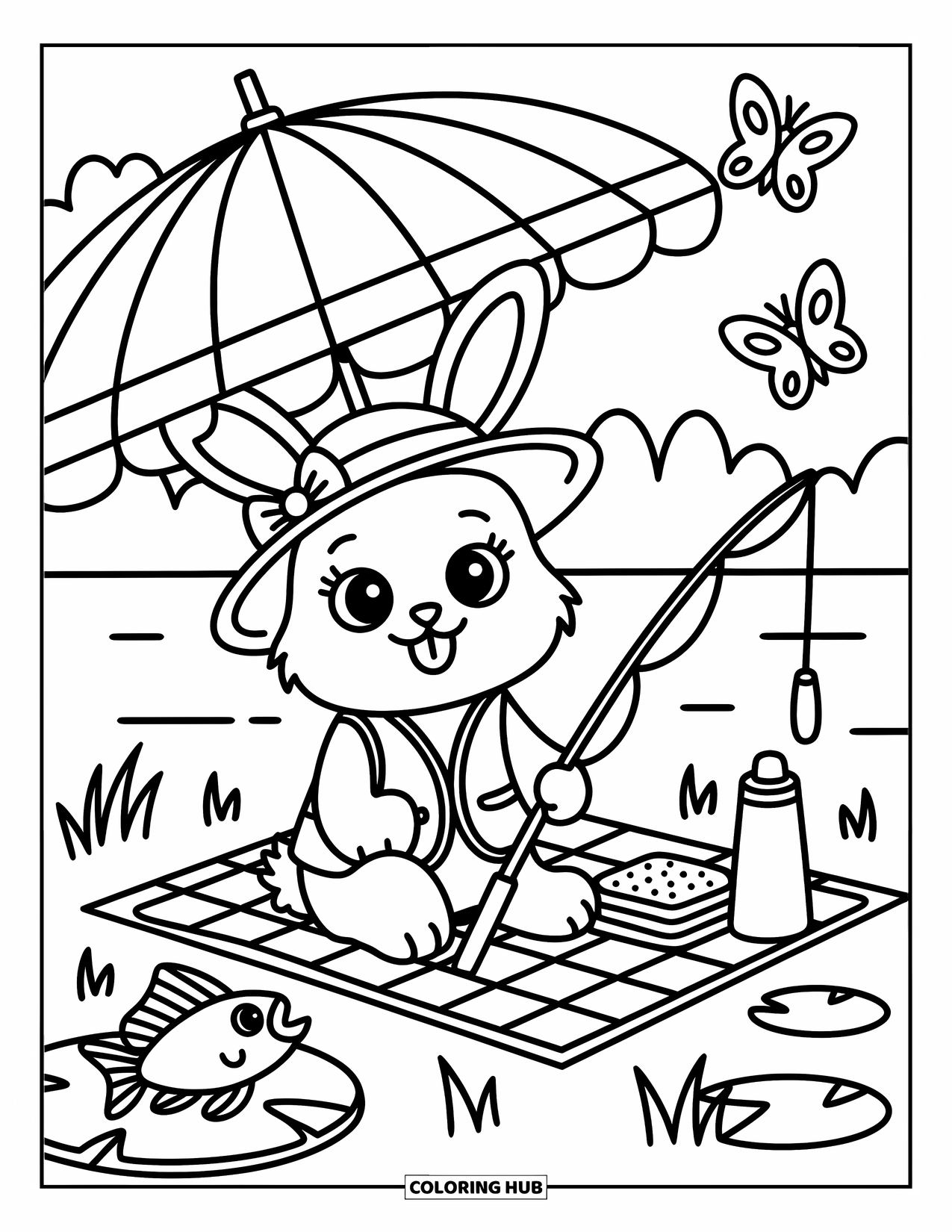 Ausmalbild Angeln für Erwachsene: Ein Hase entspannt sich unter einem Regenschirm und angelt am See mit Snacks und Schmetterlingen