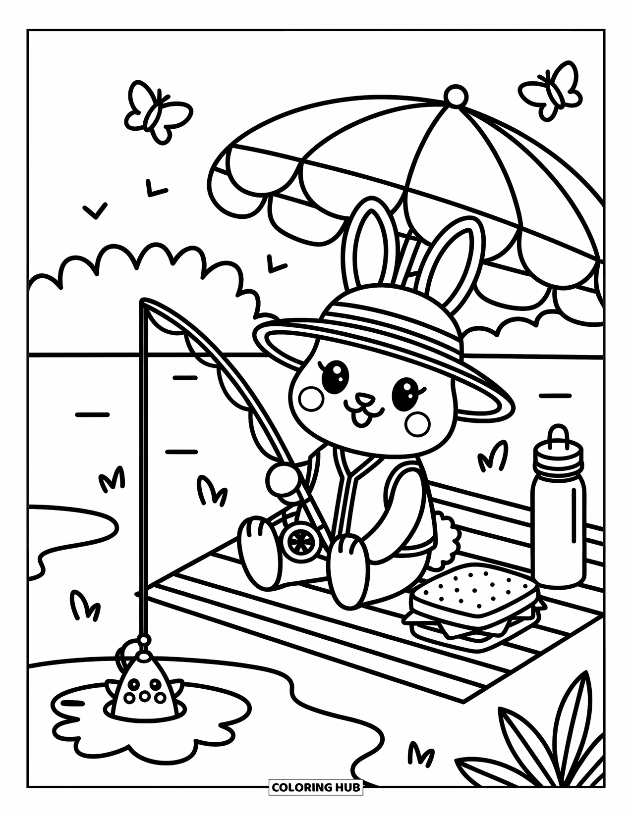 Ausmalbild Angeln für Erwachsene: Ein Hase ruht unter einem Regenschirm und angelt am See mit einem lächelnden Fisch in der Nähe