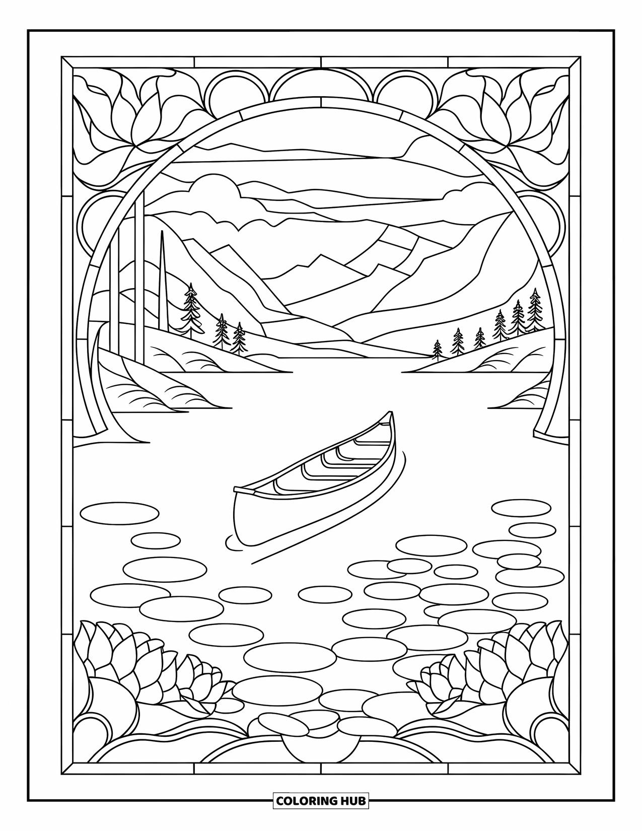 Ausmalbild Angeln für Erwachsene: Ein Kanu treibt auf einem stillen See, umrahmt von Buntglas-Lotusblumen und Seerosen