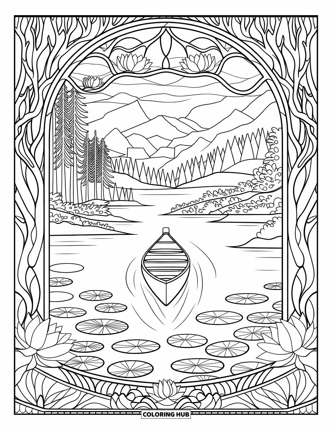 Ausmalbild Angeln für Erwachsene: Ein Kanu schwimmt im Wald, umrahmt von Buntglas und mit Lotusblumen gefülltem Wasser