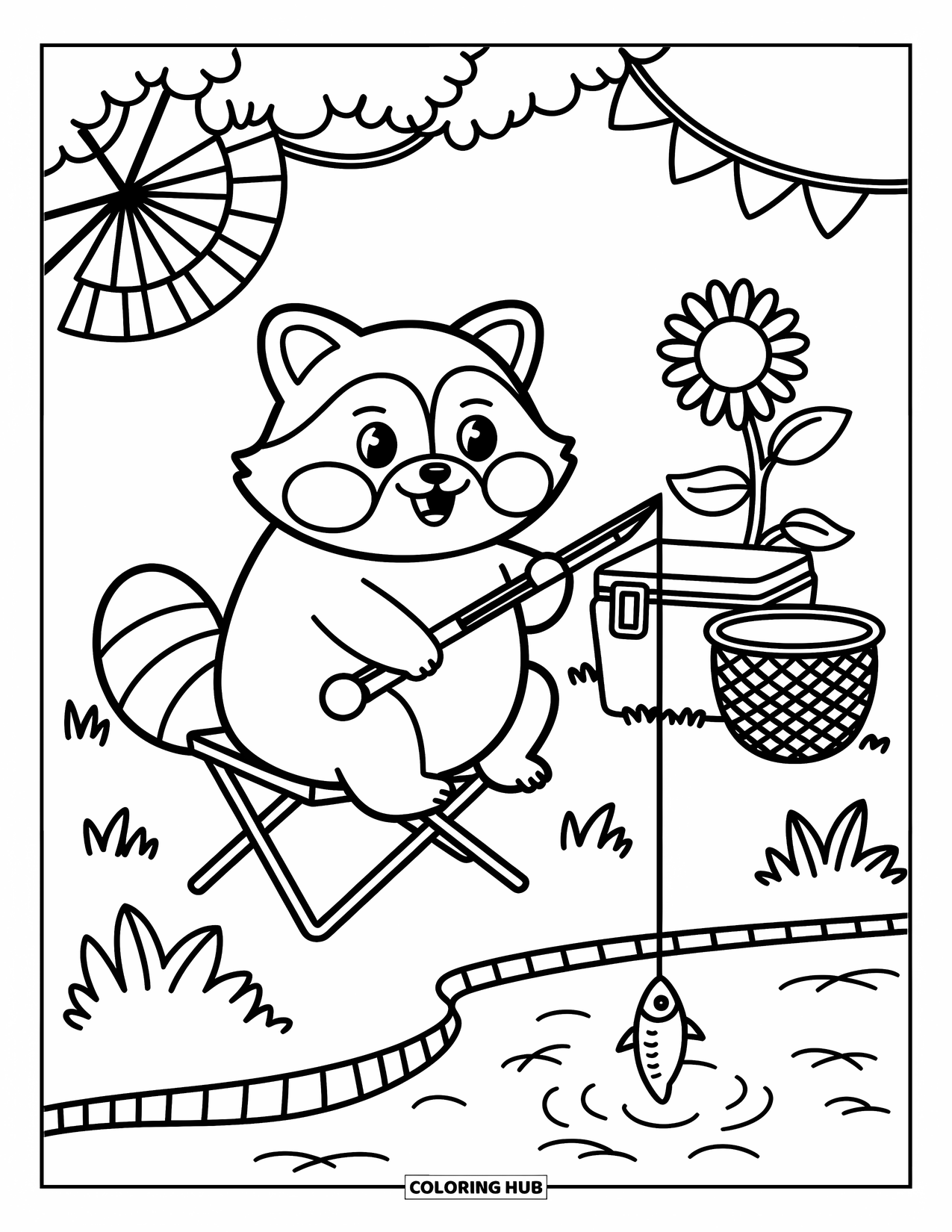 Ausmalbild Angeln für Erwachsene: Ein pummeliger Waschbär angelt an einem Bach mit einer Sonnenblume, einem Fächer und einem verspielten kleinen Fisch
