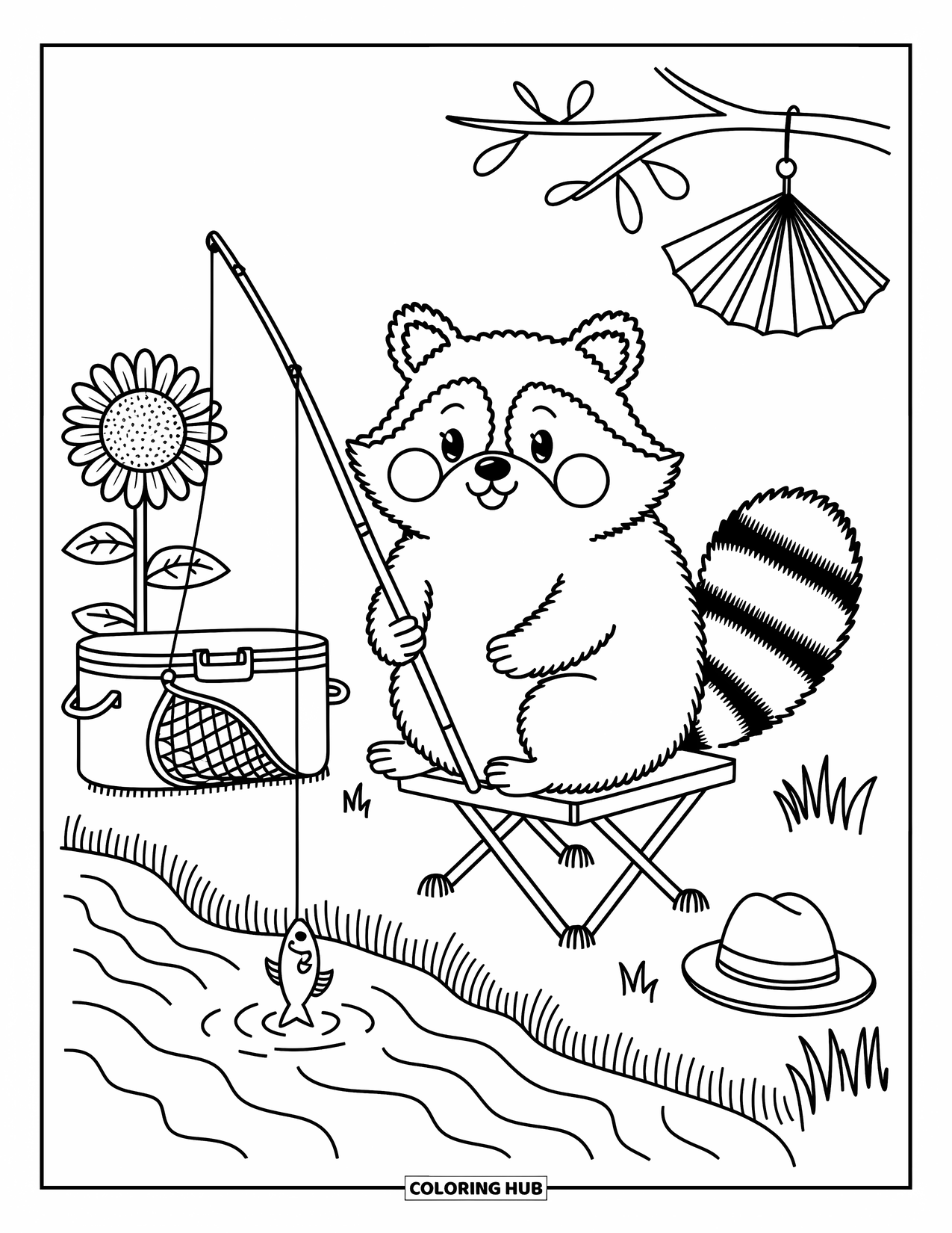 Ausmalbild Angeln für Erwachsene: Ein pummeliger Waschbär angelt an einem Bach mit Snacks, einer Sonnenblume und einem baumelnden Hut