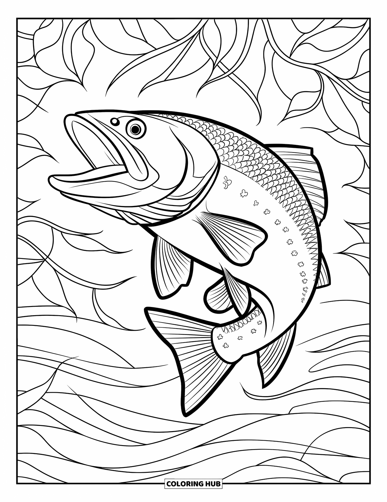 Ausmalbild Angeln für Erwachsene: Ein Fisch springt hoch mit Buntglaswellen und Blättern, die ihn umwirbeln