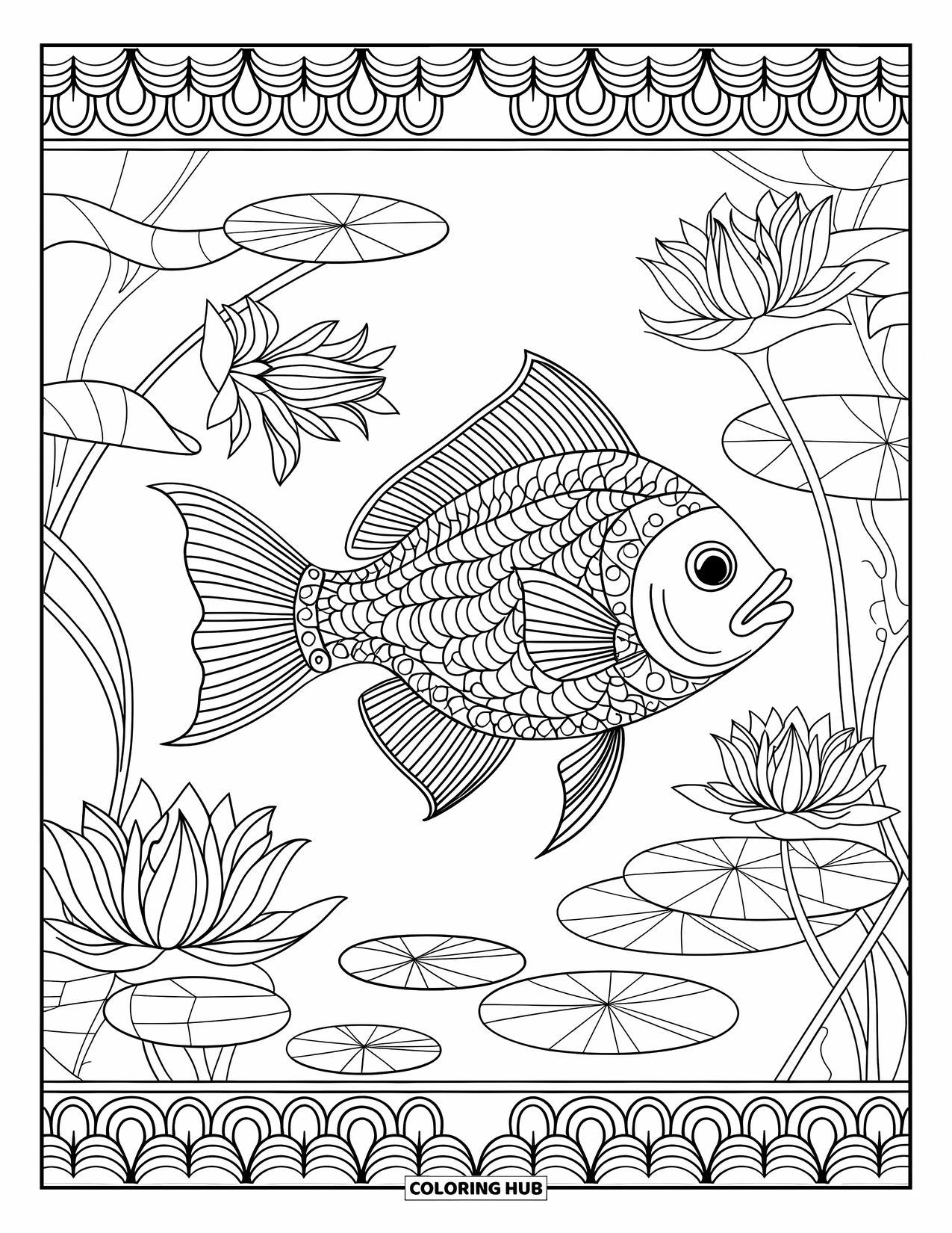 Ausmalbild Angeln für Erwachsene: Ein Fisch schwimmt friedlich zwischen Lotusblumen und komplizierten Mandala-Mustern