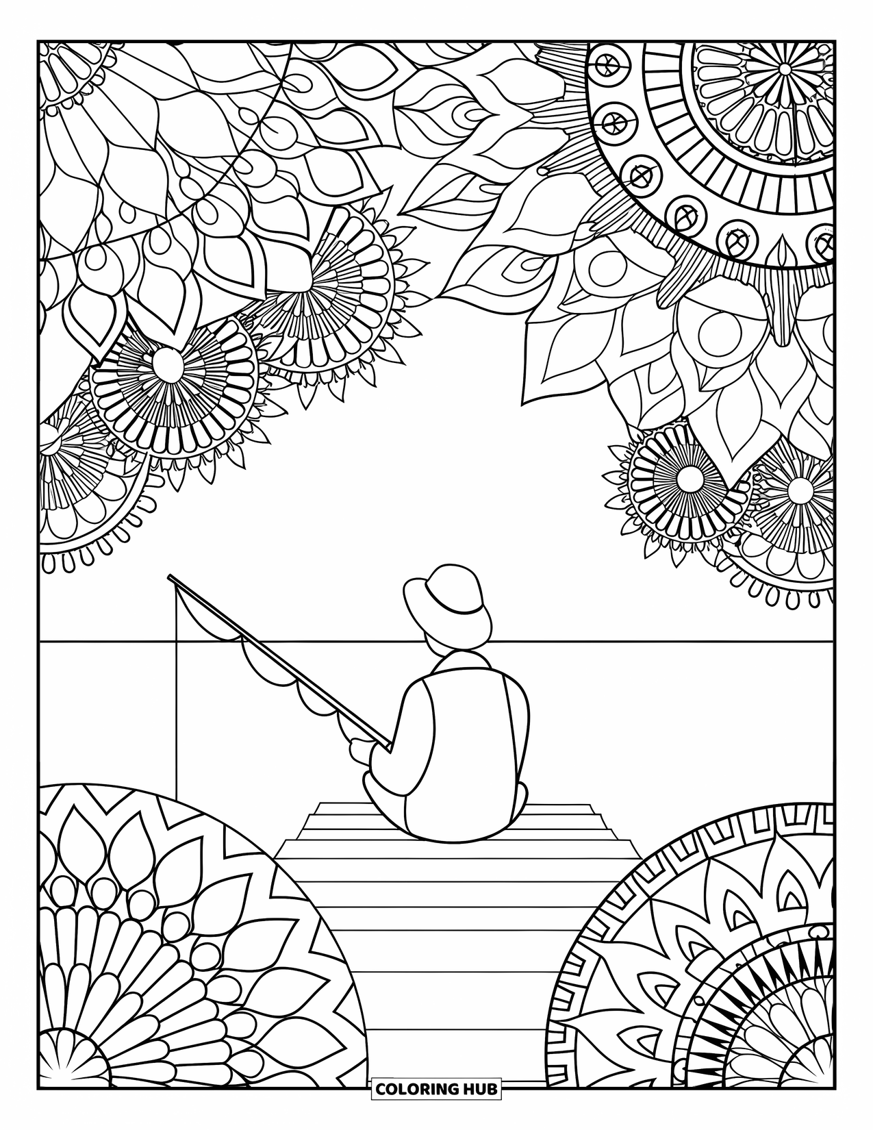 Ausmalbild Angeln für Erwachsene: Ein Fischer sitzt auf einem Dock, umgeben von blühenden floralen Mandalas