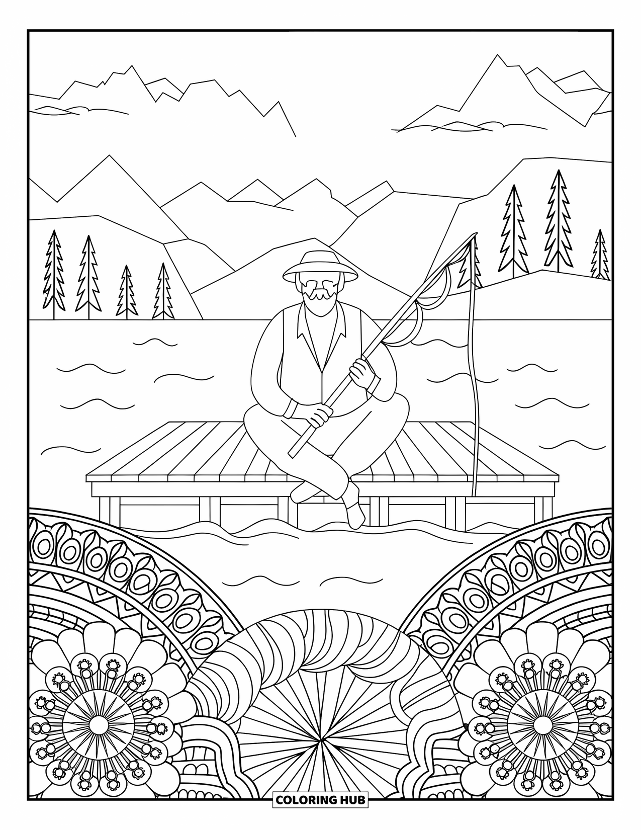 Ausmalbild Angeln für Erwachsene: Ein Fischer sitzt auf einem Dock, umgeben von blühenden Mandalas und Bergblick