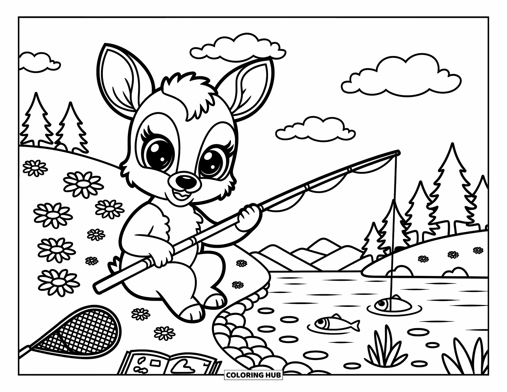 Ausmalbild Angeln für Erwachsene: Ein sanftes Reh angelt an einem See mit verspielten Fischen und gemütlichen Walddetails