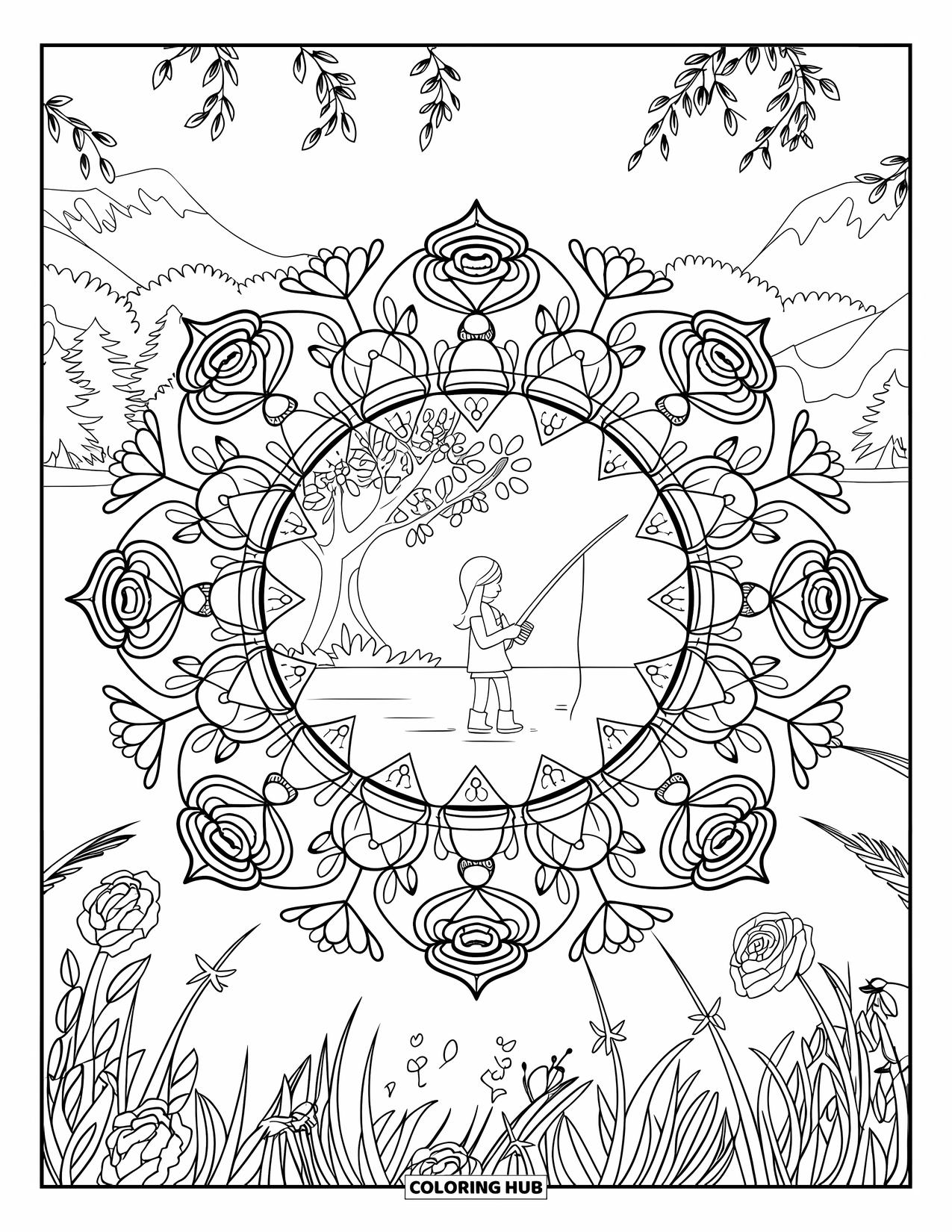 Ausmalbild Angeln für Erwachsene: Ein Mädchen angelt unter einem Baum, umgeben von einem Mandala aus Rosen und Wildblumen