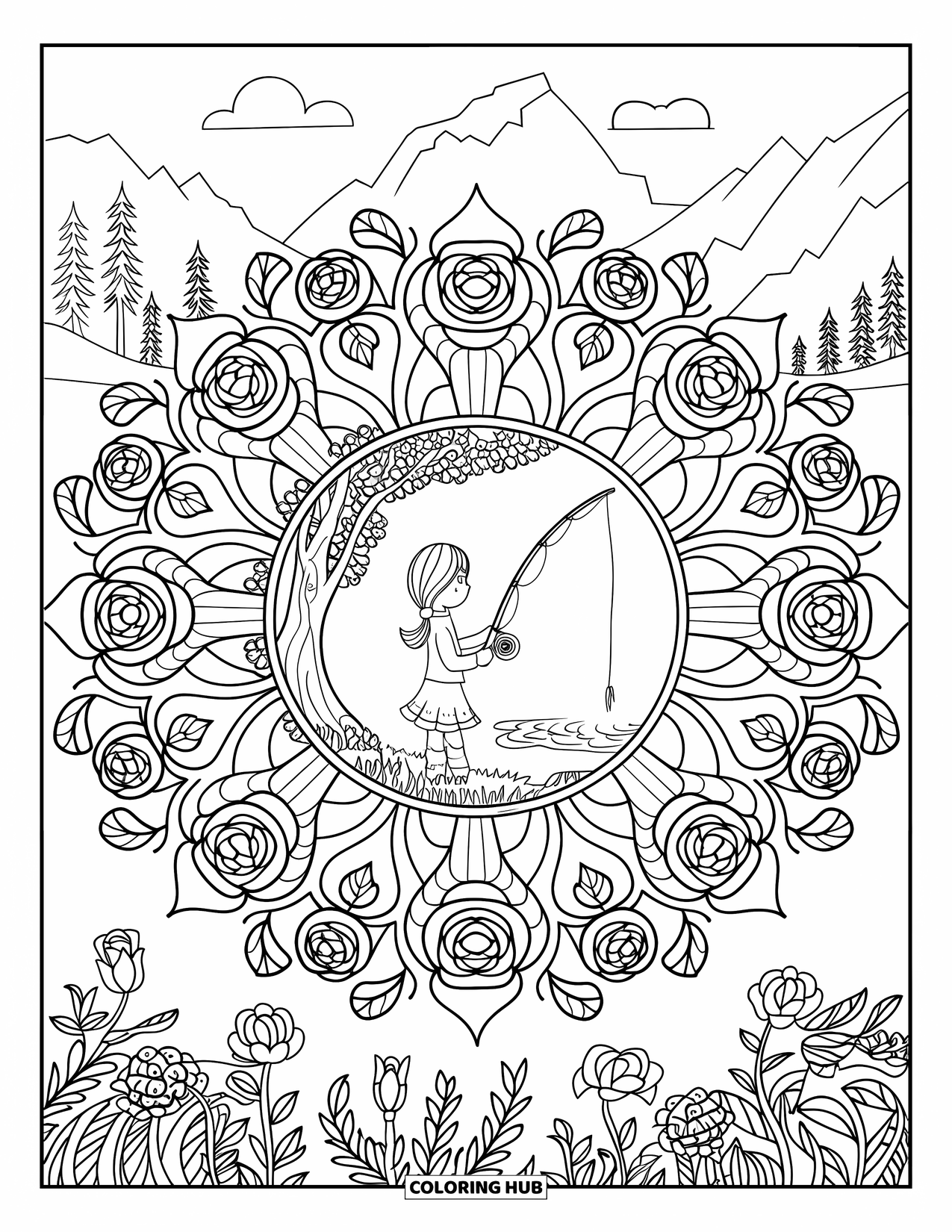 Ausmalbild Angeln für Erwachsene: Ein Mädchen, das unter einem Baum angelt, wird von Wildblumen- und Rosen-Mandala-Kunst umrahmt
