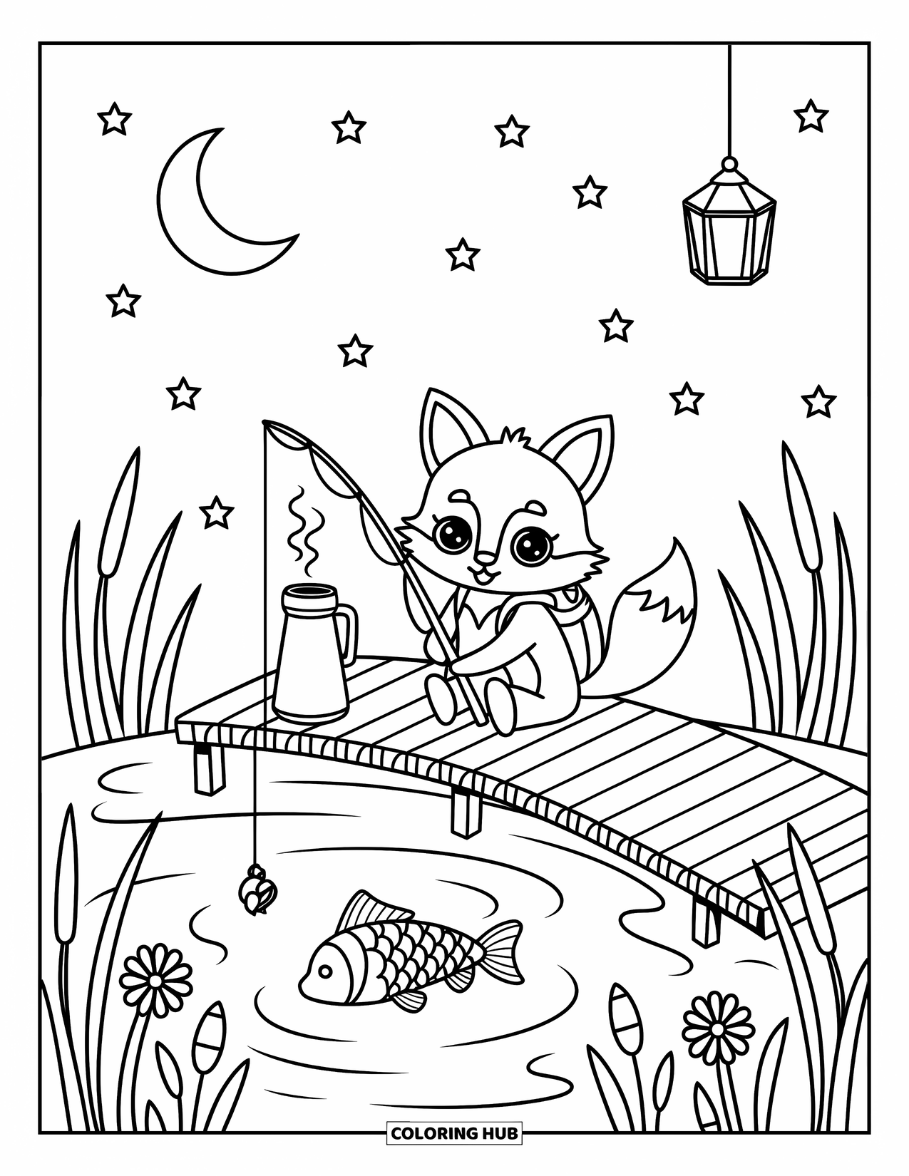 Ausmalbild Angeln für Erwachsene: Ein Kawaii-Fuchs angelt bei Mondschein mit Nachtblumen, Sternen und einer gemütlichen Thermoskanne