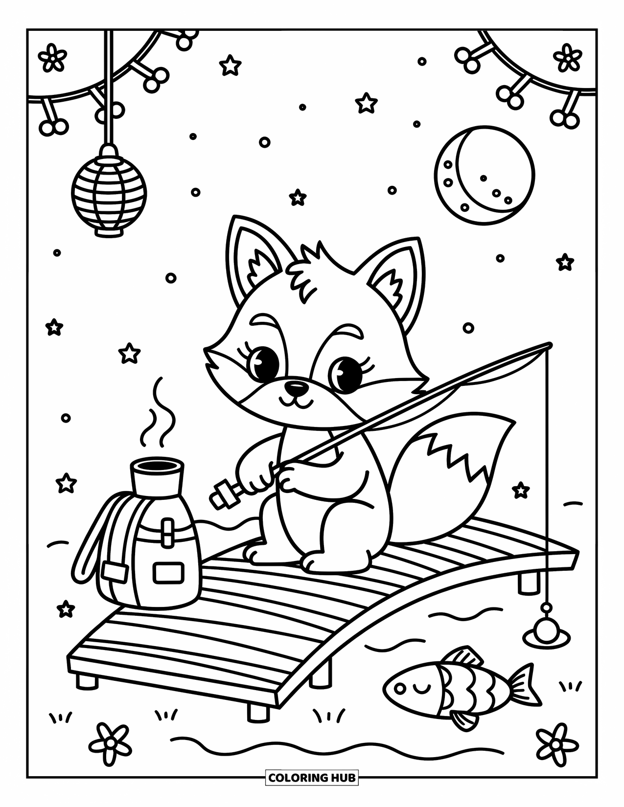 Ausmalbild Angeln für Erwachsene: Ein kleiner Fuchs angelt unter den Sternen mit einer Laterne, einer Thermoskanne und einem verschlafenen Fisch in der Nähe