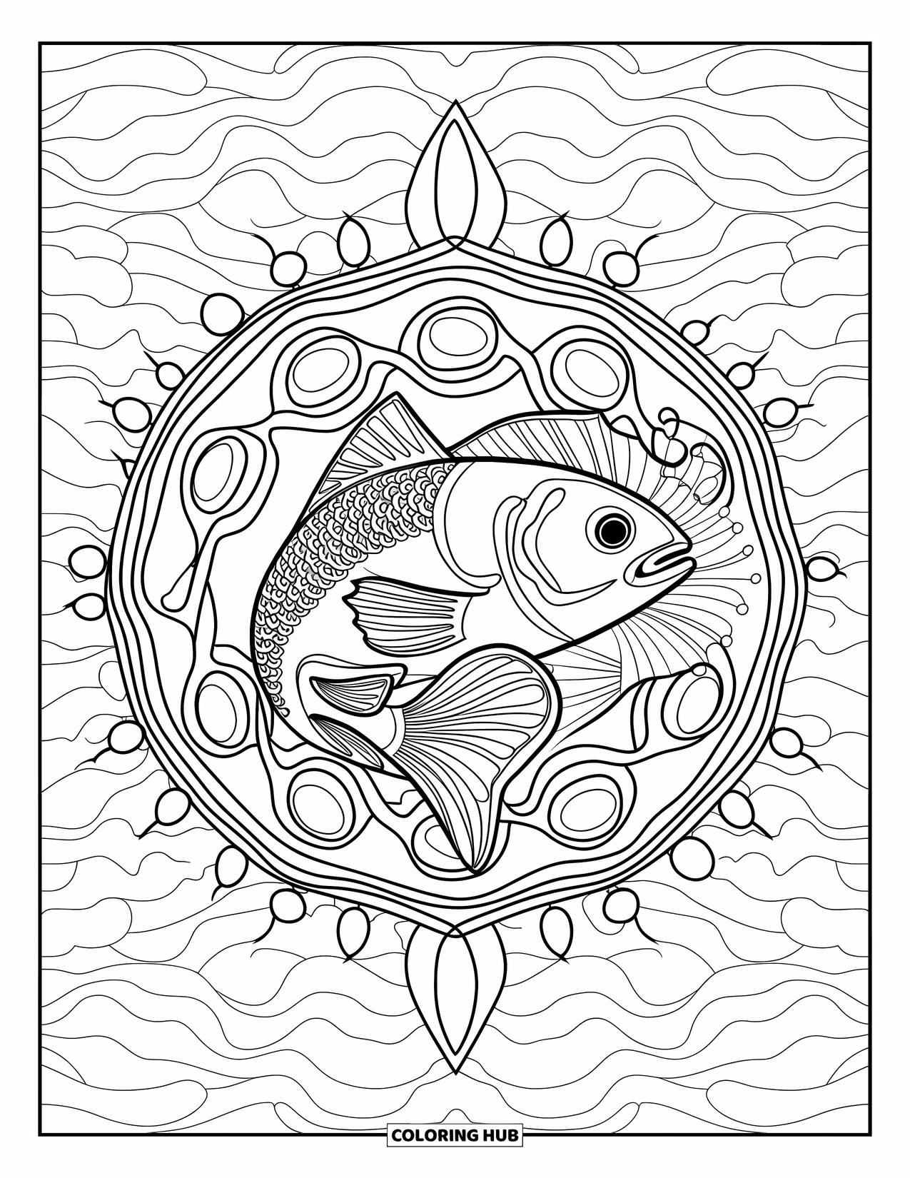 Ausmalbild Angeln für Erwachsene: Ein Mandala-Fisch schwimmt durch Kreise und Wirbel mit eleganten, fließenden Linien