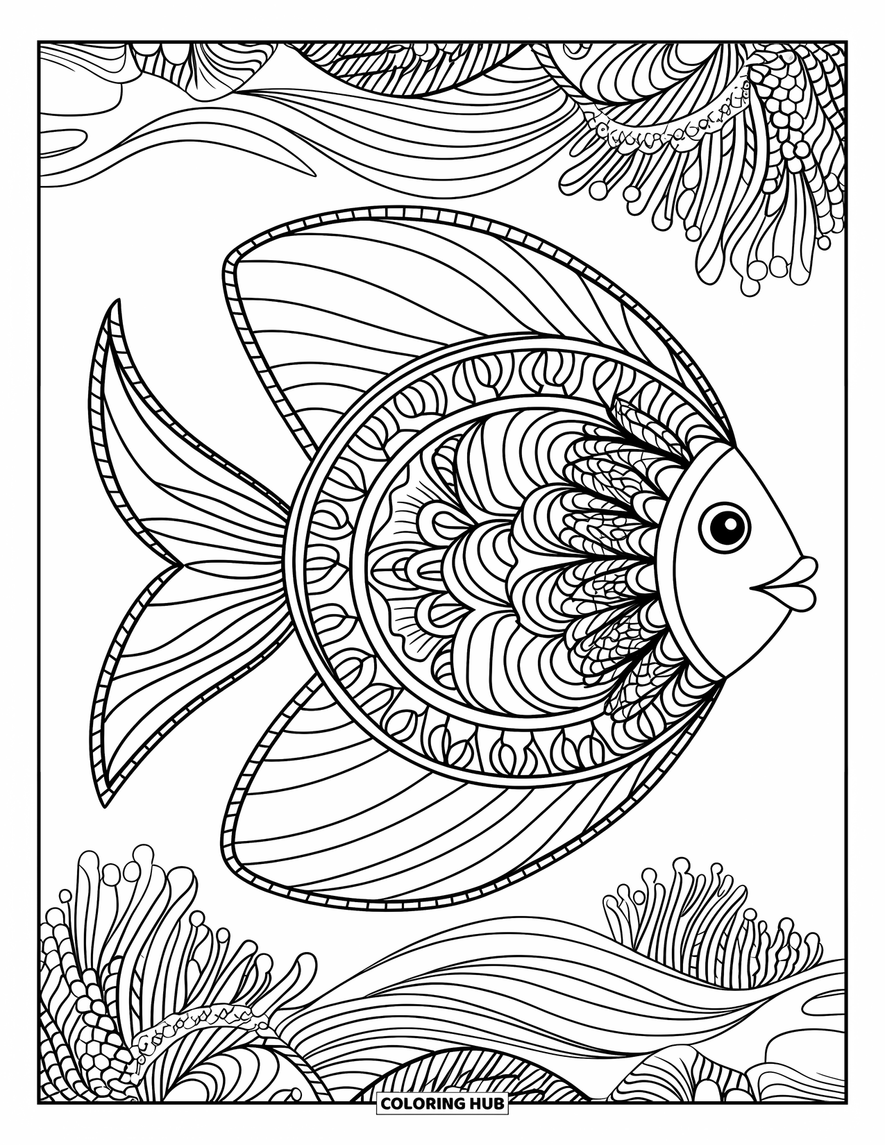Ausmalbild Angeln für Erwachsene: Ein Mandala-Fisch schwimmt durch Wellen, Korallenriffe und dekorative Ränder